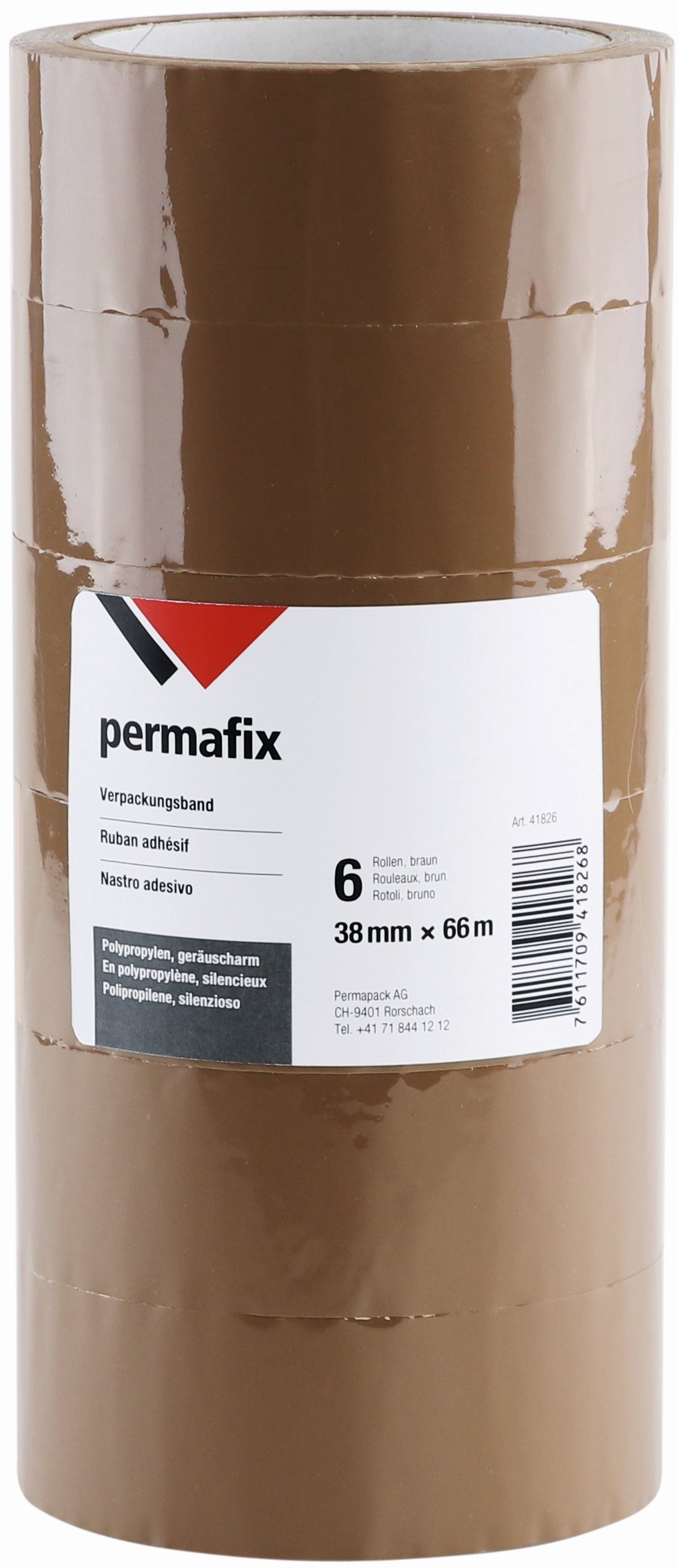 Permafix Verpackungsklebeband, braun, geräuscharm – 38 mm × 66 m – 6 Rollen