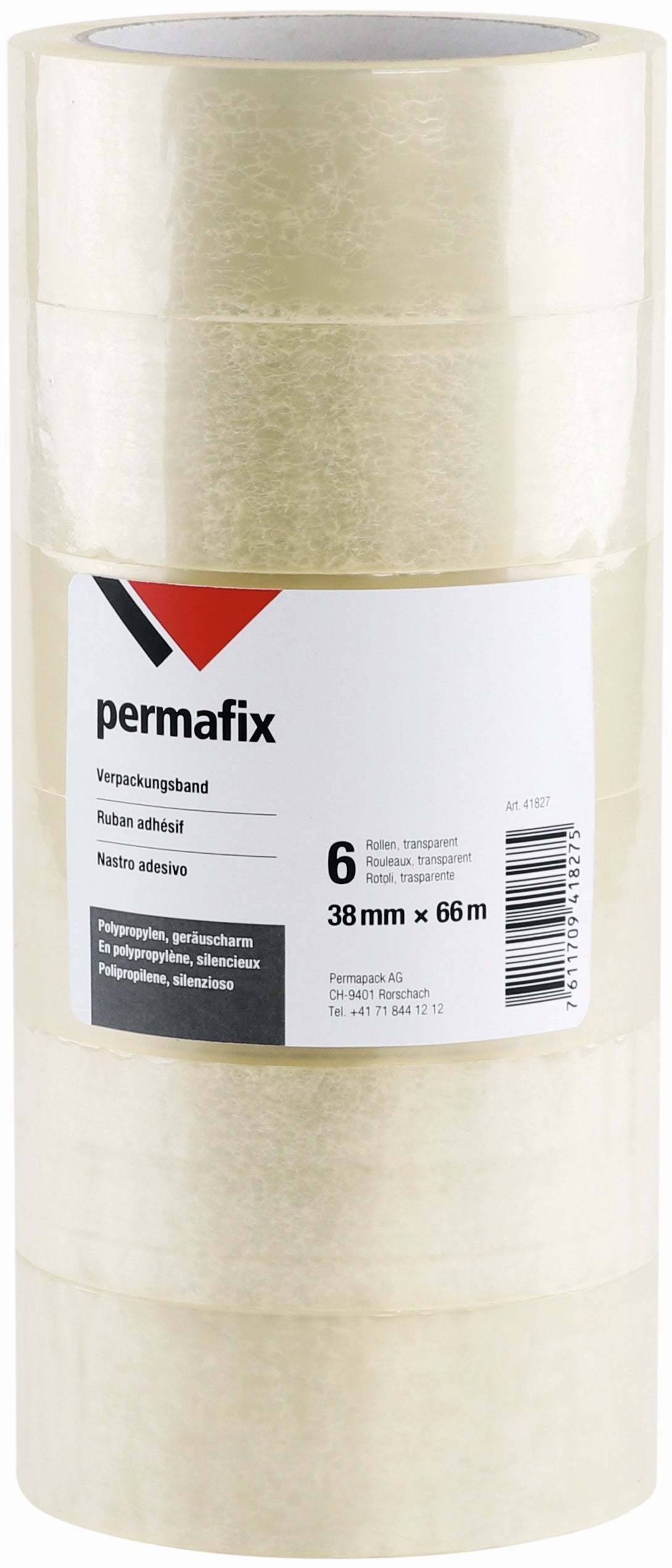 Permafix 41827 – Verpackungsklebeband, transparent, geräuscharm – 38 mm × 66 m – 6 Rollen