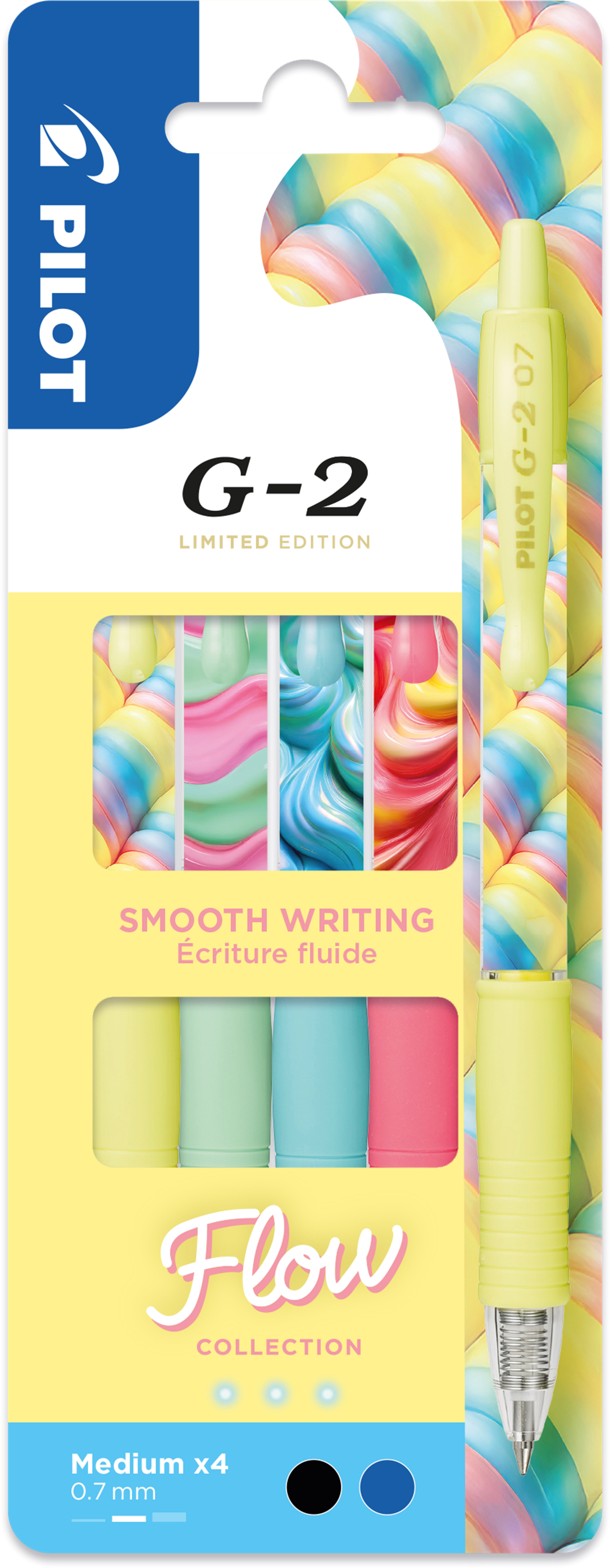 Pilot G-2 Flow Gelschreiber, Druckmechanik – Farben sortiert, Spitze 0,7 mm, 4er-Set