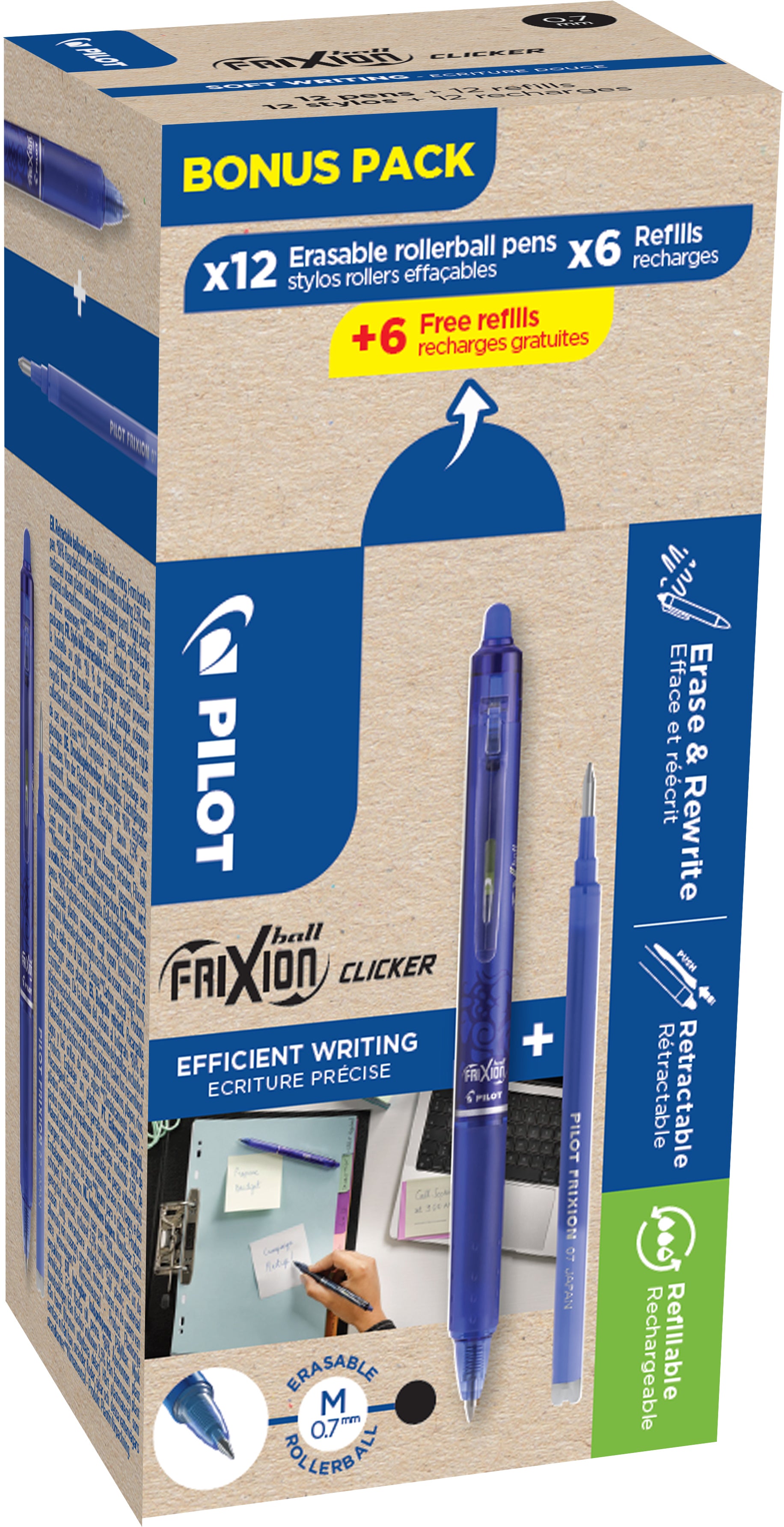 Pilot FriXion Ball Clicker Gelschreiber, Druckmechanik – Blau, radierbar, Linkshänder-geeignet, nachfüllbar