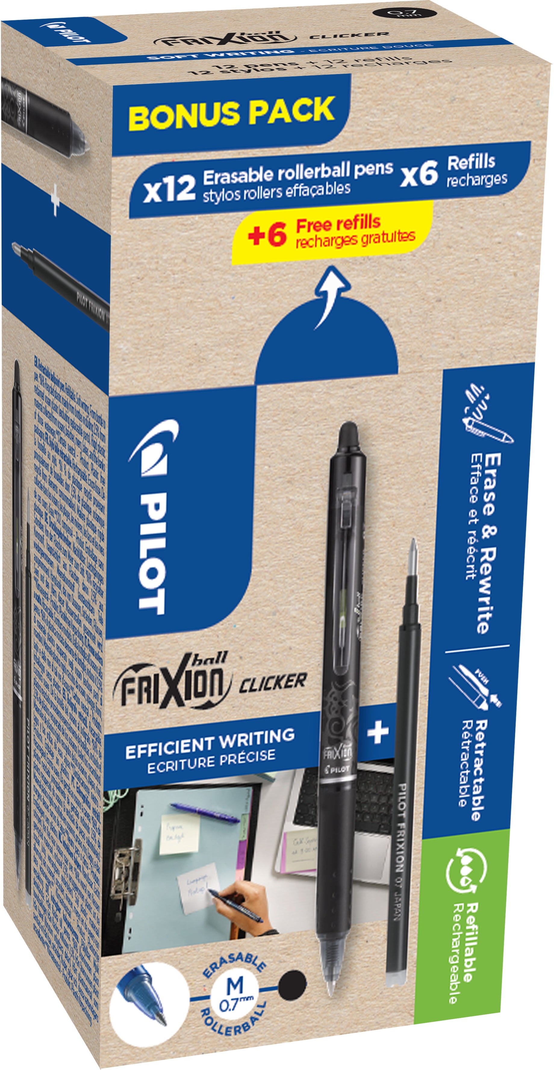Pilot FriXion Clicker Gelschreiber, Druckmechanik – Schwarz, radierbar, linkshänder-geeignet, nachfüllbar