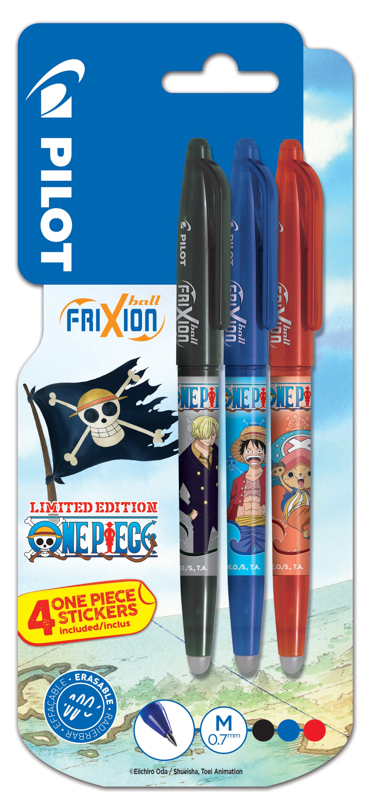 Pilot FriXion Ball OnePiece Gelschreiber – schwarz/rot/blau, Spitze 0,7 mm, radierbar, nachfüllbar, 3er-Set