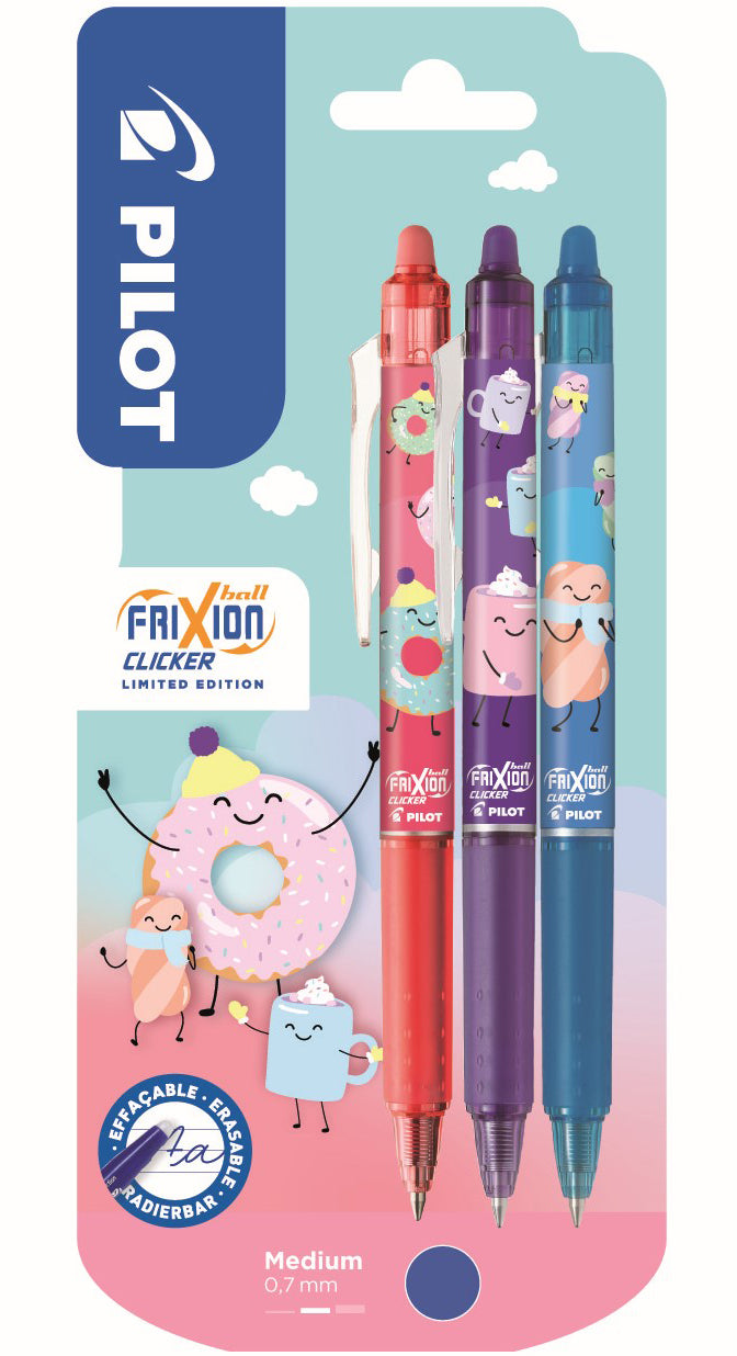 Pilot FriXion Clicker Sweet – Tintenroller, 0,7 mm, sortiert, radierbar, Druckmechanik – 3 Stk.