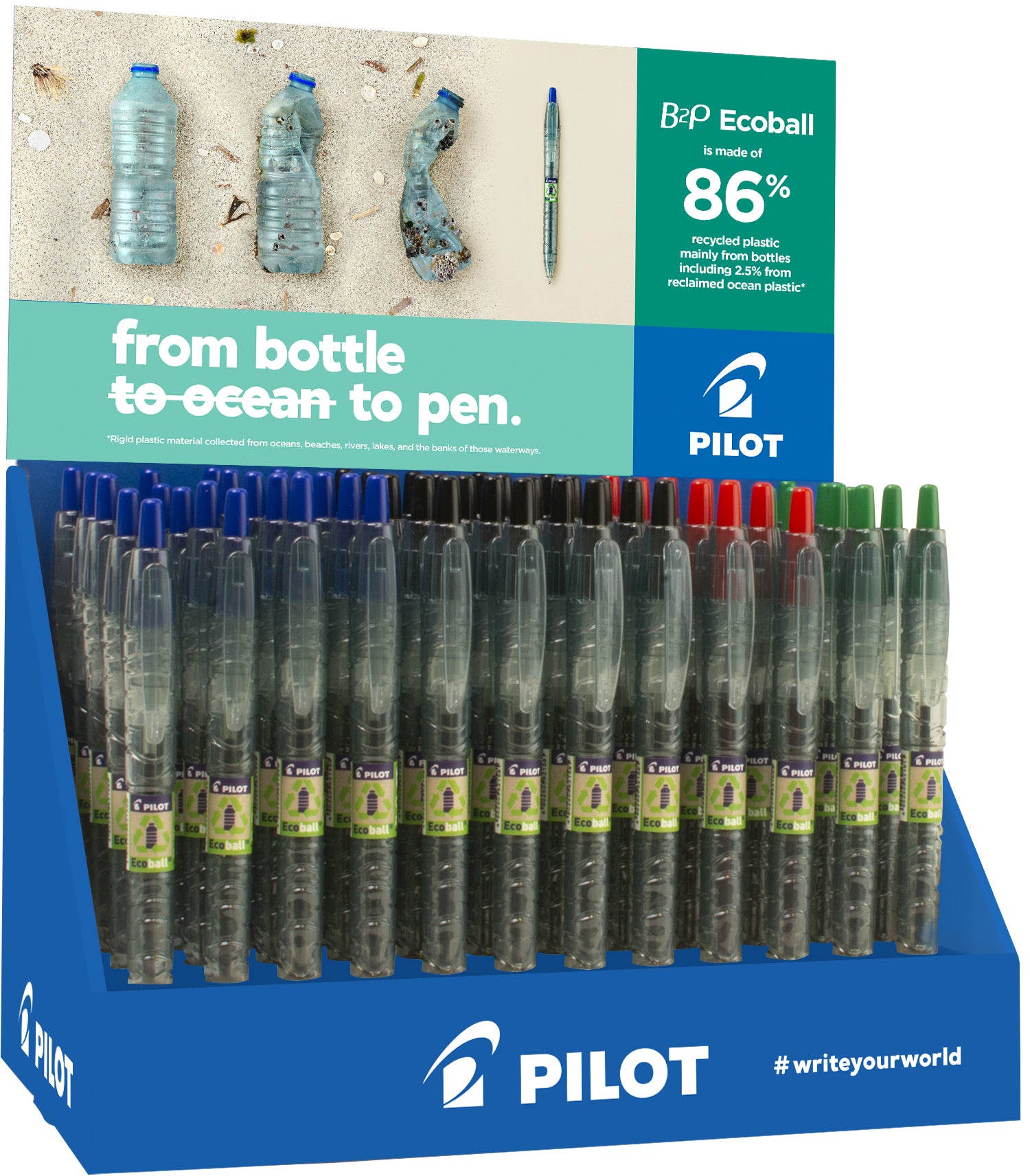 Pilot Ecoball B2P Kugelschreiber – 60er Pack, Sortierte Farben, Druckmechanik, Recyceltes PET, Nachfüllbar