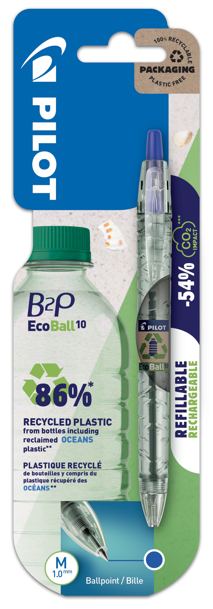 Pilot Ecoball B2P Kugelschreiber – Blau, Spitze 1,0 mm, Druckmechanik, recycelter Kunststoff, nachfüllbar