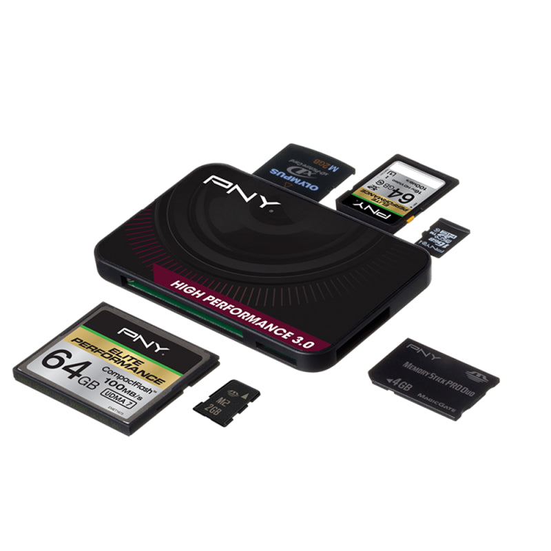 PNY USB-Kartenleser – CF, SD/microSD – USB 3.2 Gen 1 (5 Gbit/s) – LED-Anzeige – Schwarz
