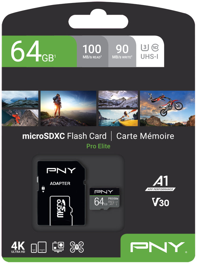 PNY PRO Elite PSDU64GV3 microSDXC 64 GB – UHS-I, Klasse 10, U3, A1, 100/90 MB/s, inkl. SD-Adapter