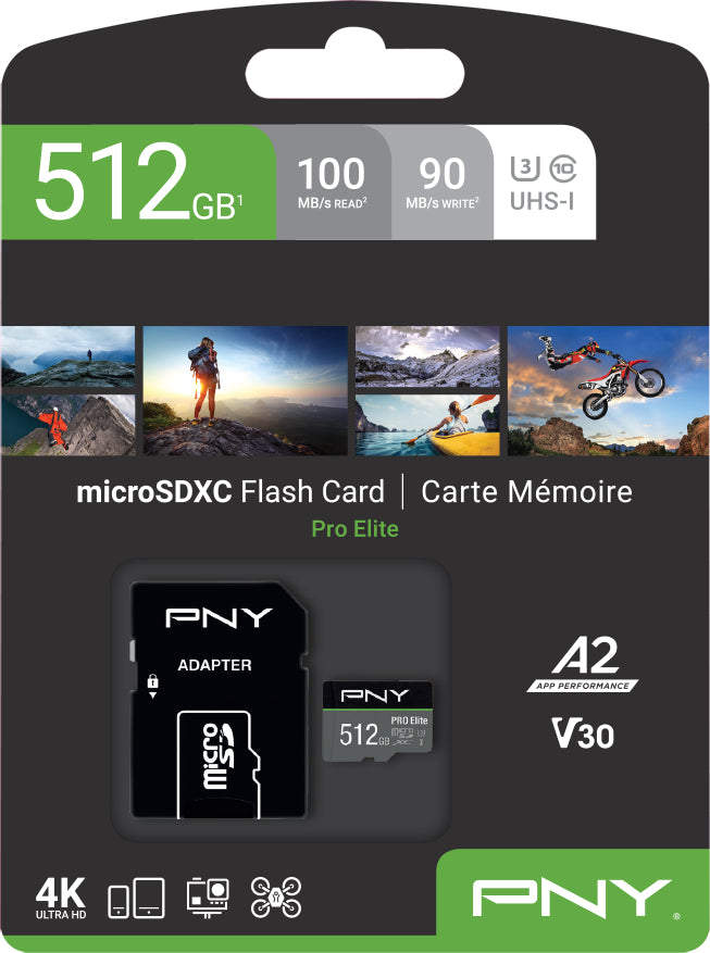PNY Pro Elite PSDUX512U microSDXC 512 GB – UHS-I, Klasse 10, U3, V30, A2, 100/90 MB/s, inkl. SD-Adapter