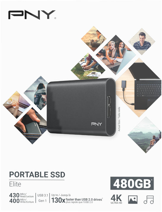 PNY Elite PSD1CS105 – 480 GB Portable SSD, USB 3.2 Gen 1, 430/400 MB/s, schwarz