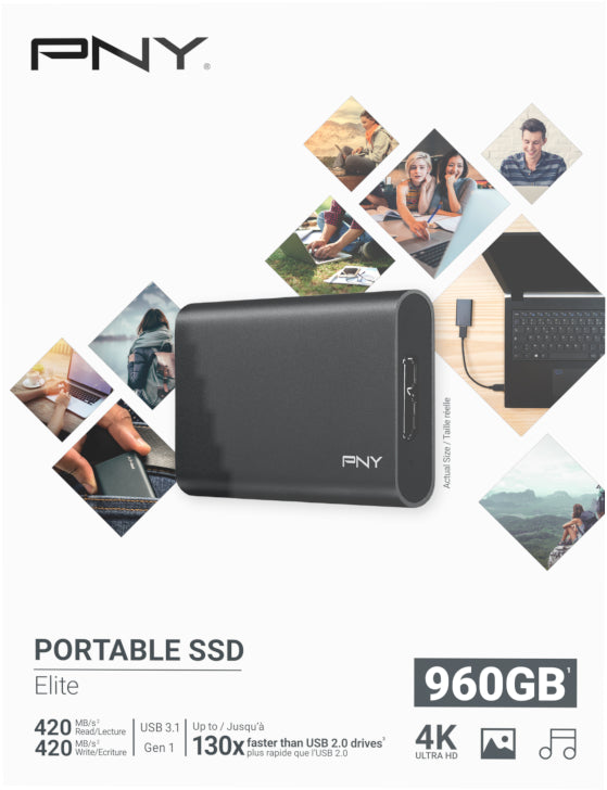 PNY Elite PSD1CS1050-960-FFS – 960 GB Portable SSD, USB 3.2 Gen1 (Micro-USB B), 420 MB/s, schwarz