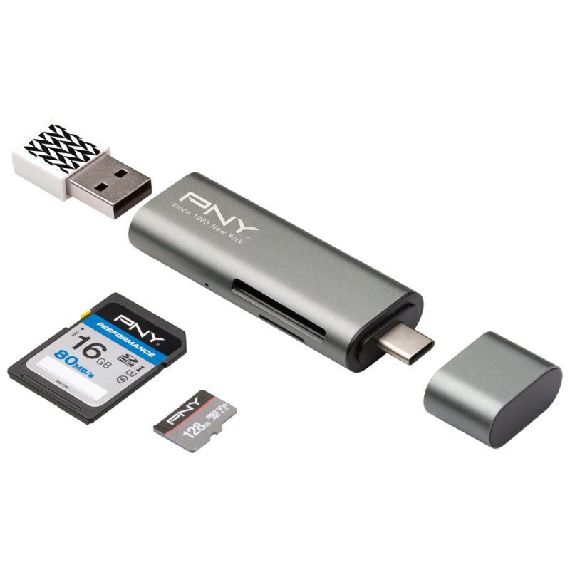 PNY RTCUA3N Multiport-Adapter – USB-C, 1× USB-A, SD/microSD, für USB-C-Geräte