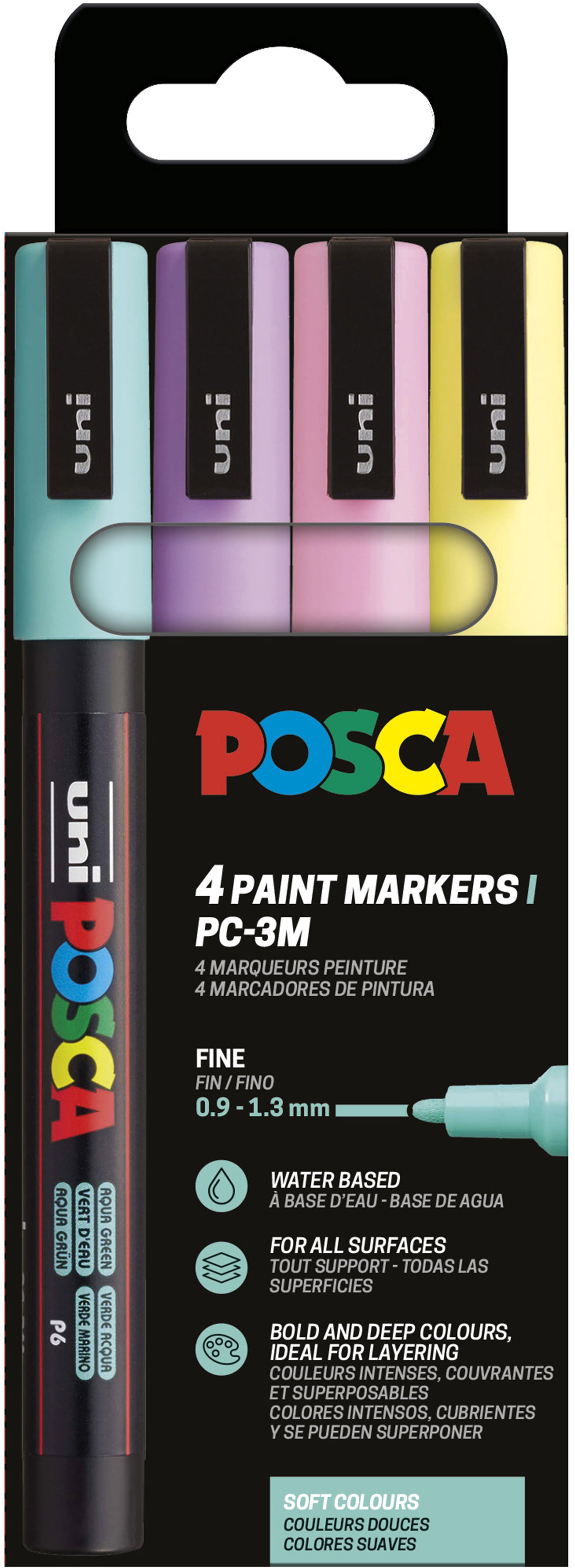 Uni-Ball POSCA PC-3M Acrylmarker – Rundspitze 0,9–1,3 mm – Soft Color – 4er-Set