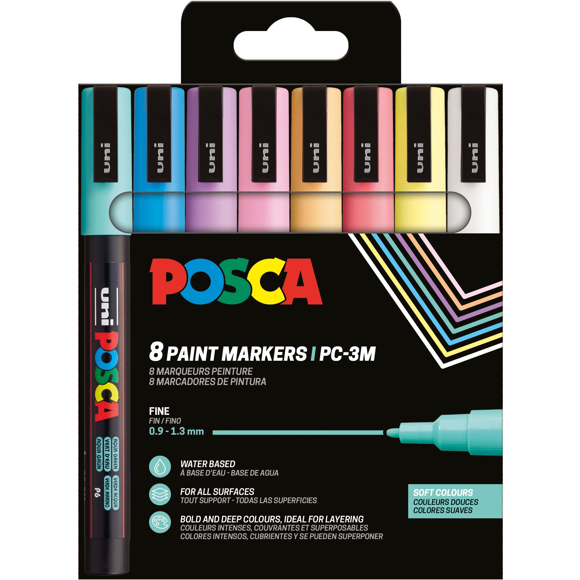 Uni-Ball POSCA PC-3M Paint Marker, Soft Colors – Rundspitze, 0,9–1,3 mm, wasserbasiert, 8 Farben