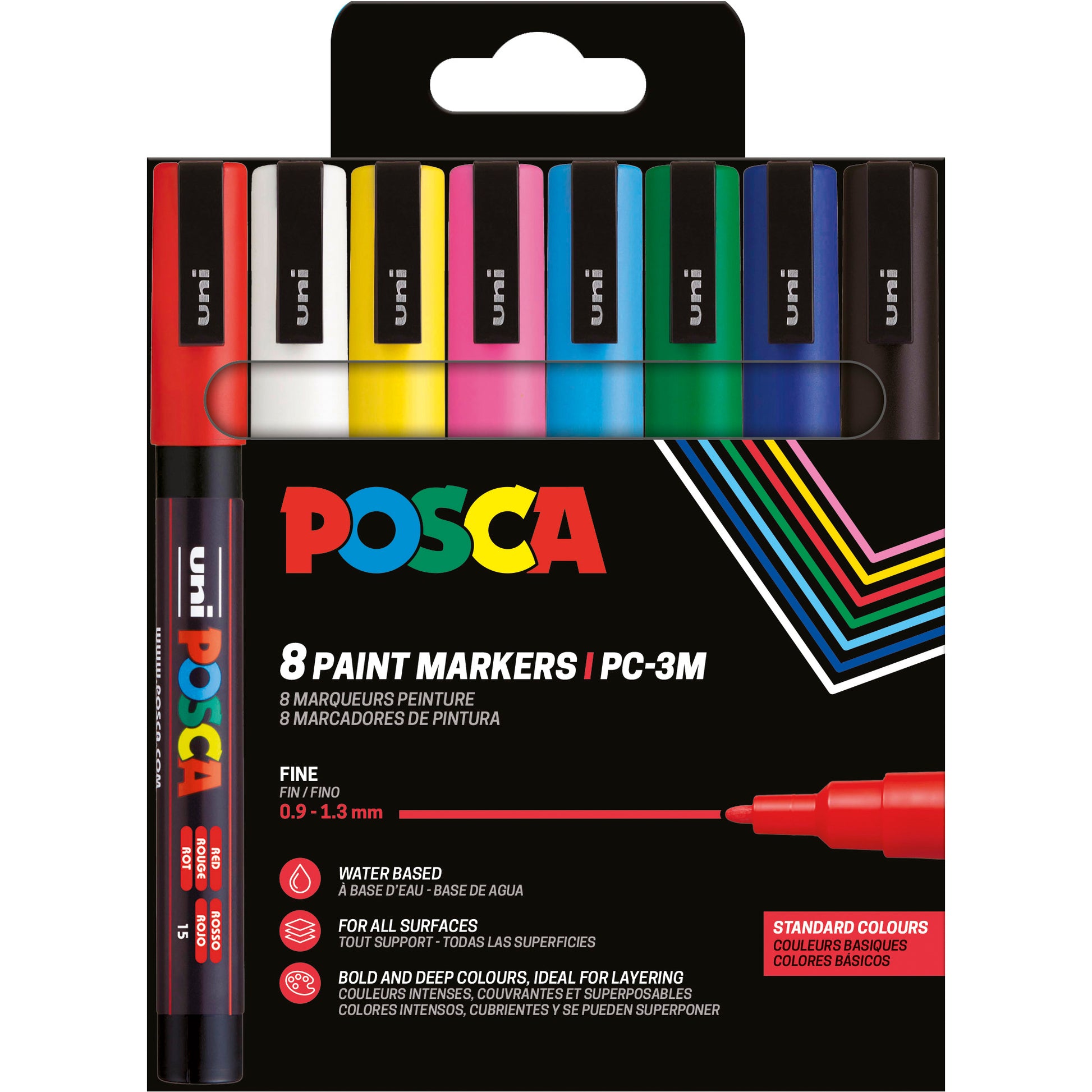 Uni-Ball POSCA PC-3M Paint Marker – Rundspitze, 0,9–1,3 mm, wasserbasiert, wasserfest, 8 Farben
