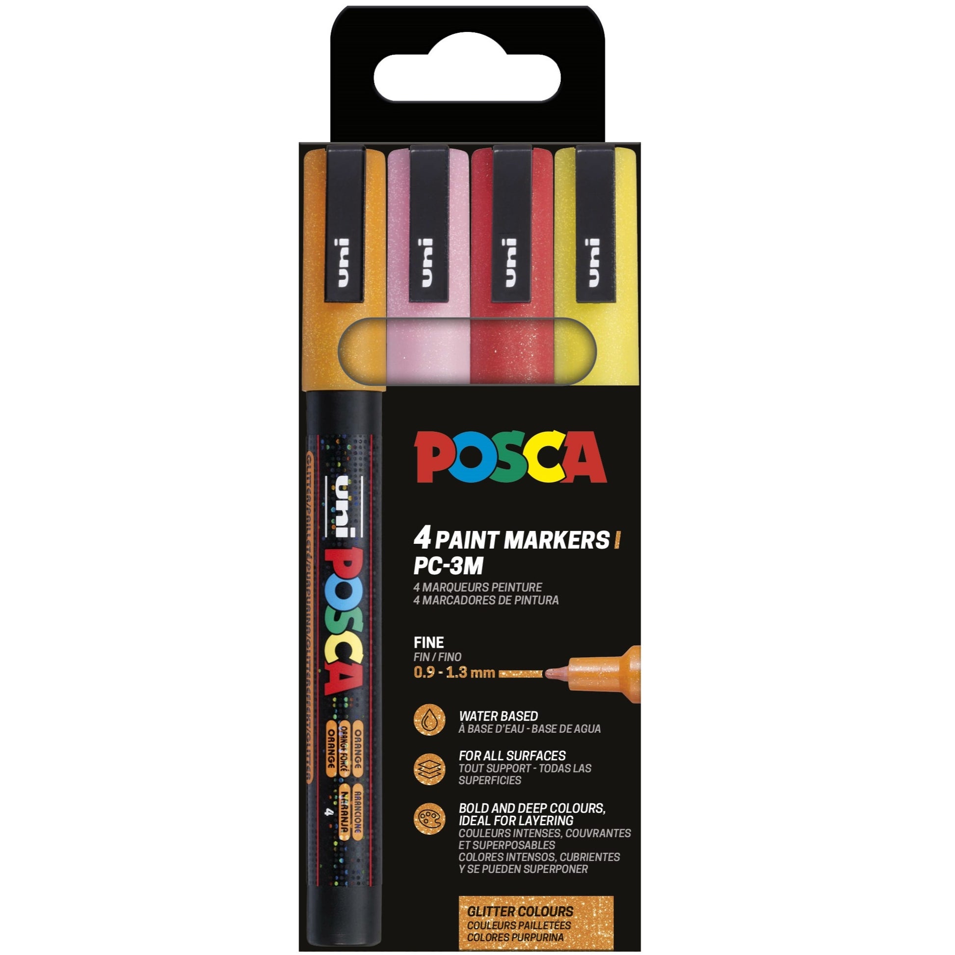 Uni-Ball POSCA PC-3ML Filzstifte Glitzer, Sparkling Warm – Rundspitze, 0,9–1,3 mm, 4 Farben, 4er Set