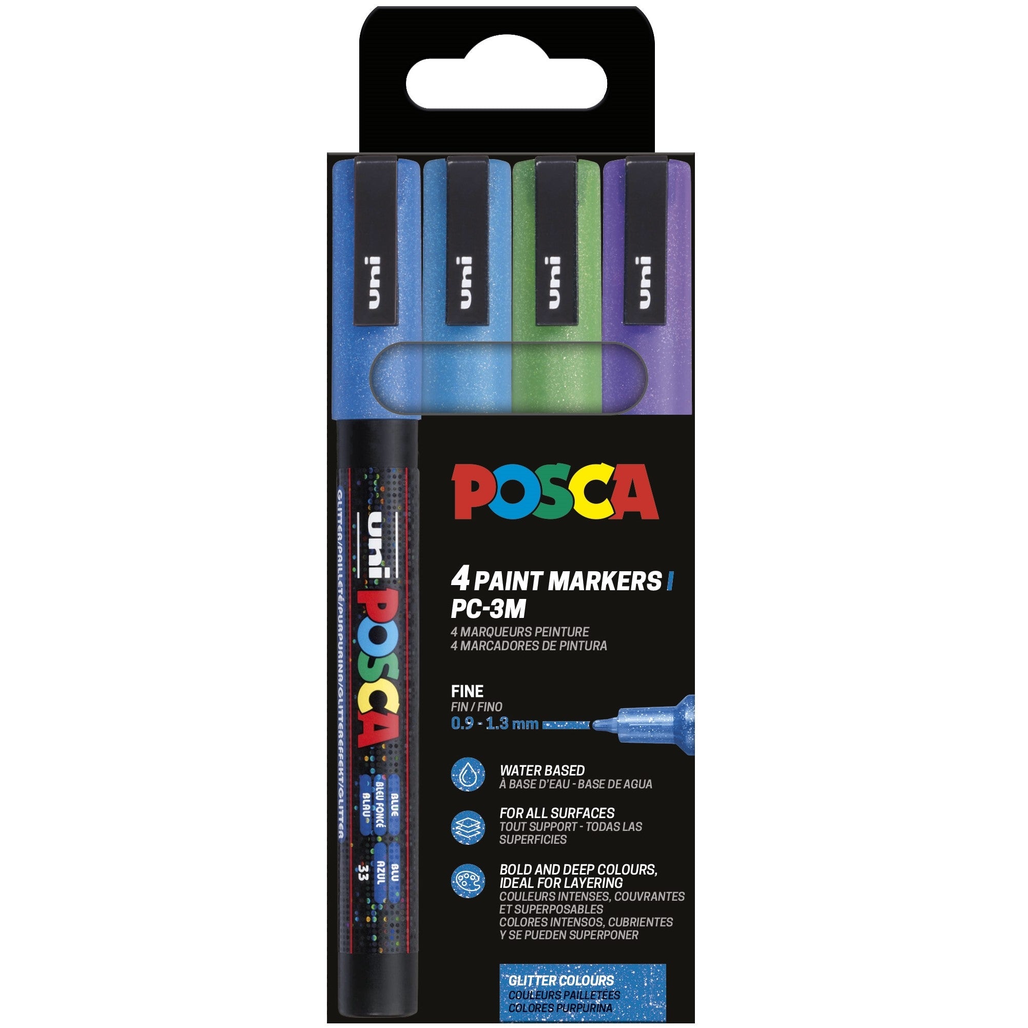 Uni-Ball POSCA PC-3ML Paint Marker Glitzer – Rundspitze, 0,9–1,3 mm, wasserbasiert, wasserfest, 4 Farben