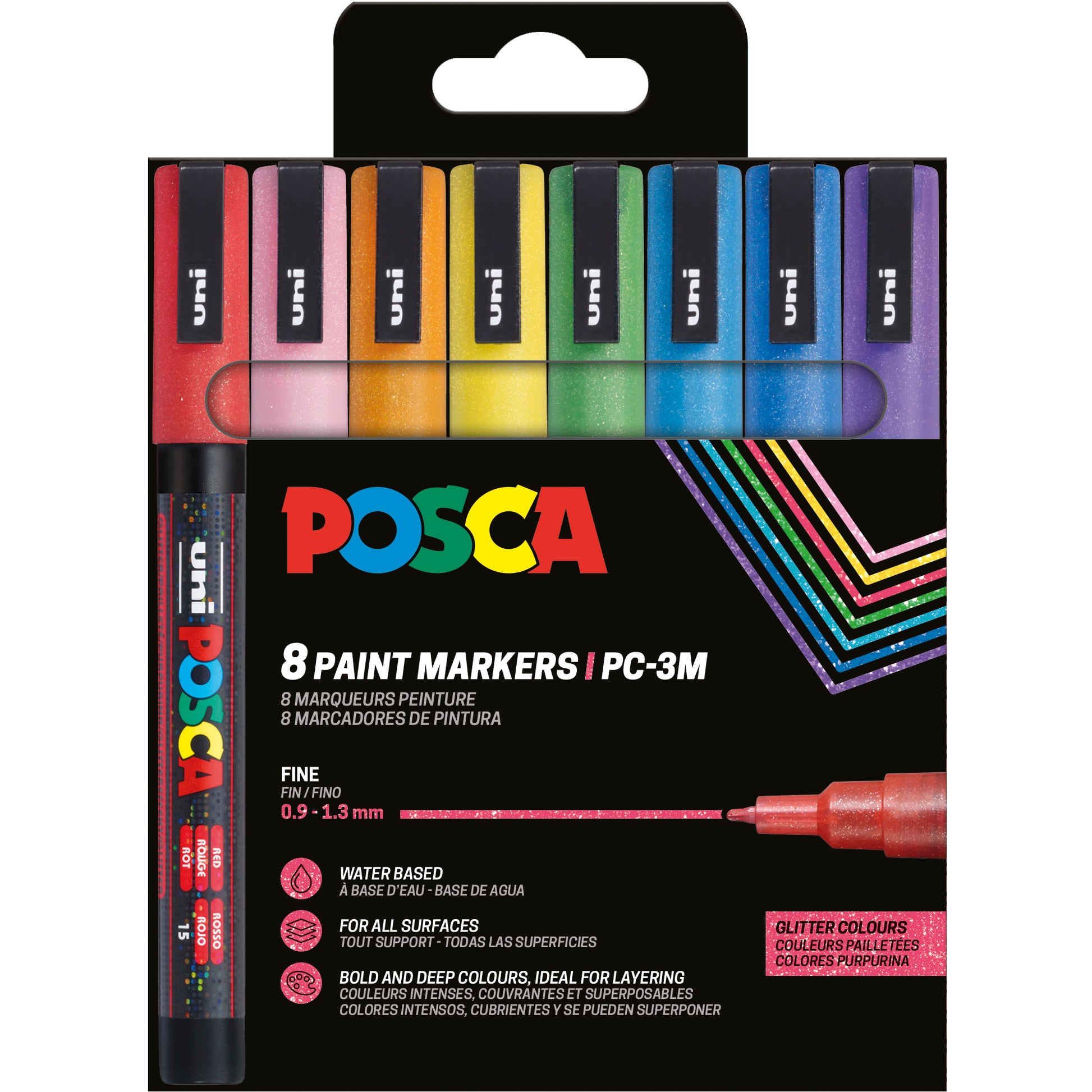 Uni-Ball POSCA PC-3M Acrylmarker – Rundspitze 0,9–1,3 mm – Sparkling, 8er-Set