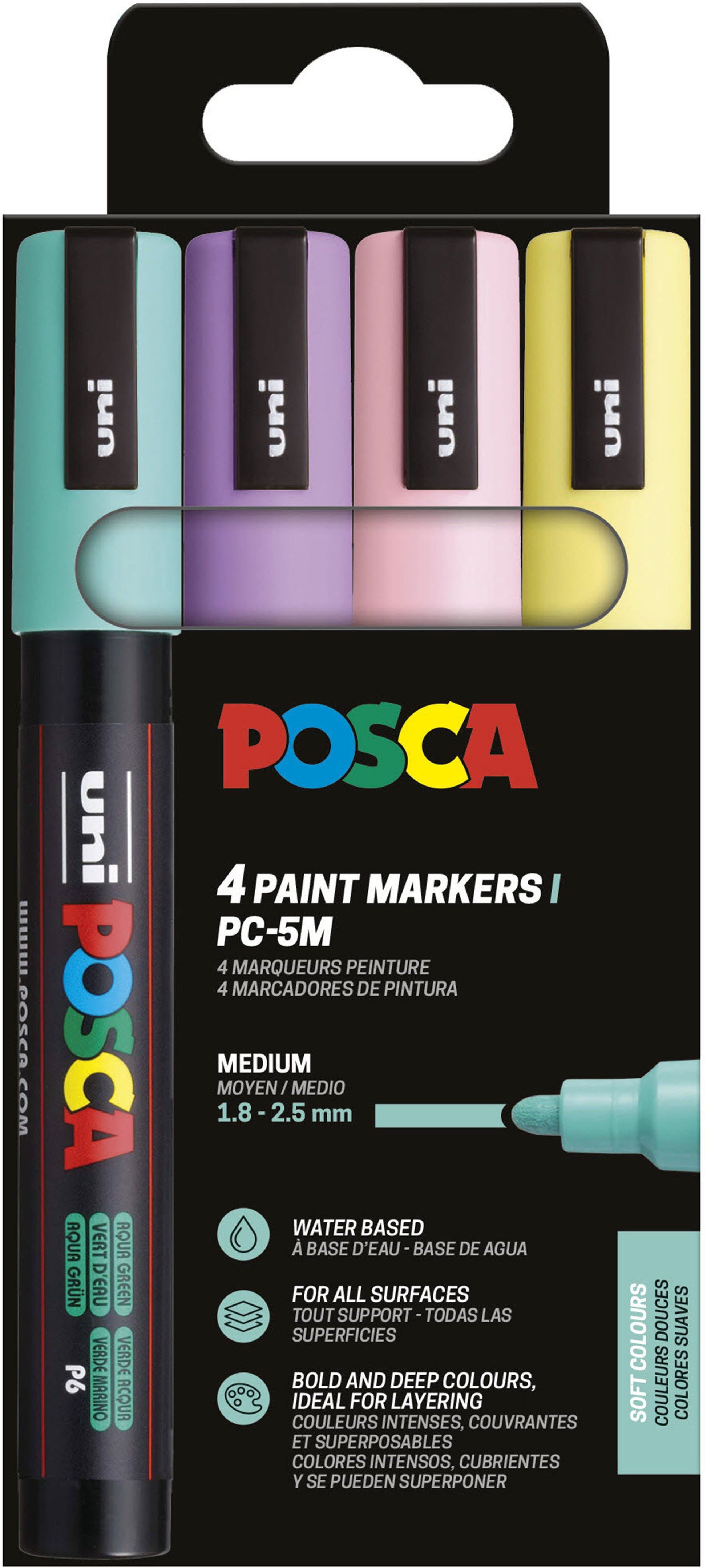 Uni-Ball POSCA PC-5M Acrylmarker – Rundspitze 1,8–2,5 mm – Soft Color Set, assortiert – 4er-Set