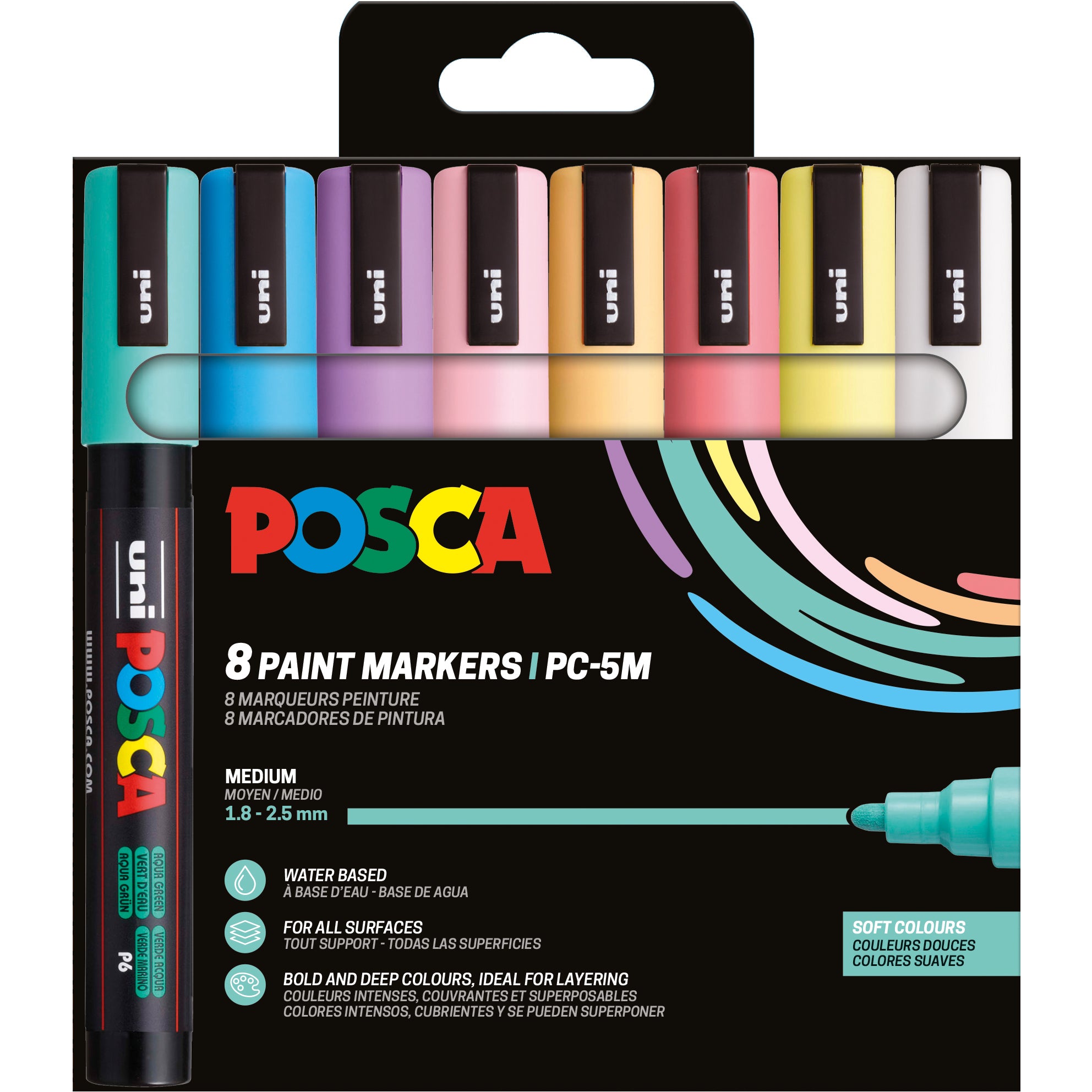 Uni-Ball POSCA PC-5M Paint Marker, Soft Colors – Rundspitze, 1,8–2,5 mm, wasserbasiert, wasserfest, 8 Farben