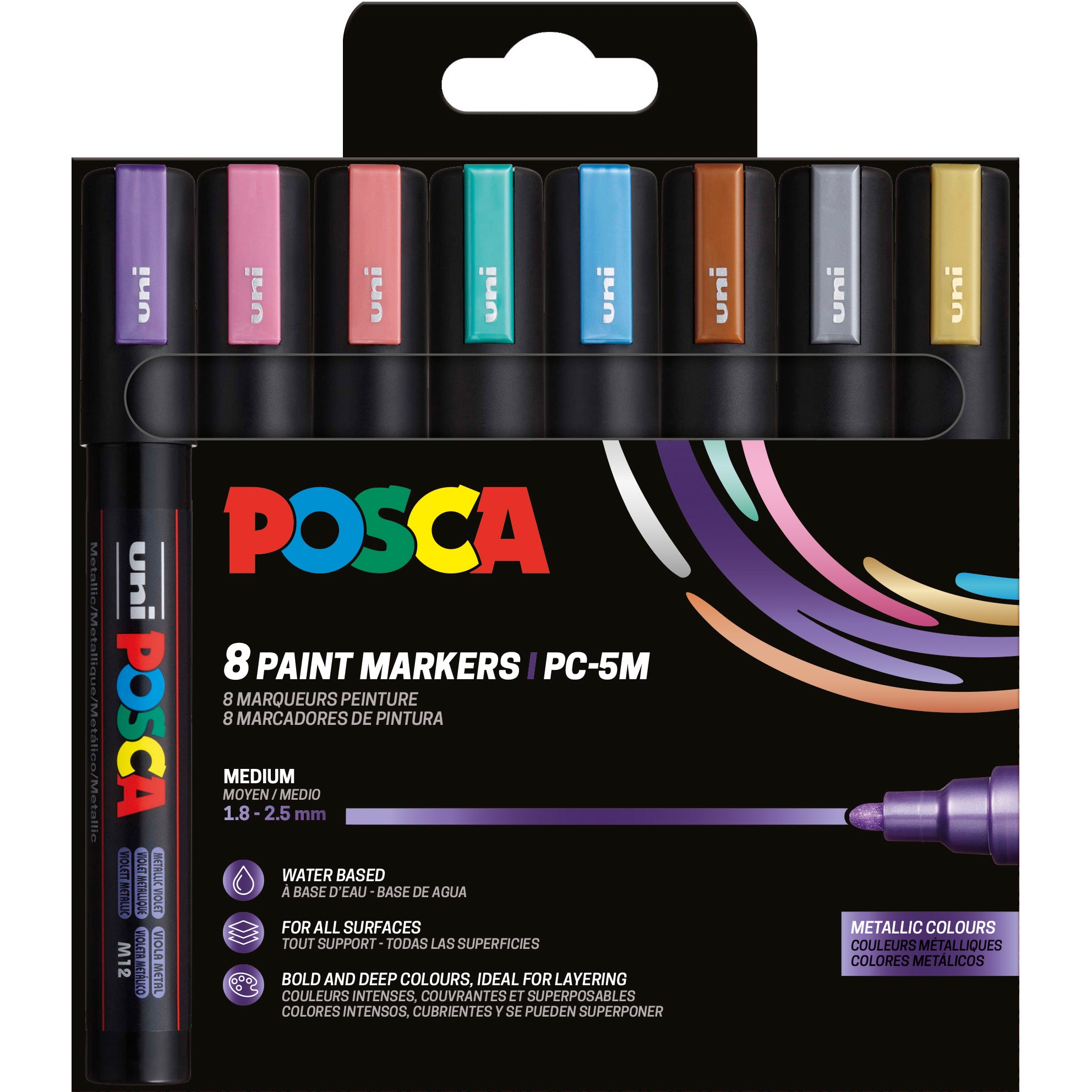 Uni-Ball POSCA PC-5M Acrylmarker – Rundspitze 1,8–2,5 mm – Metallic – 8er-Set