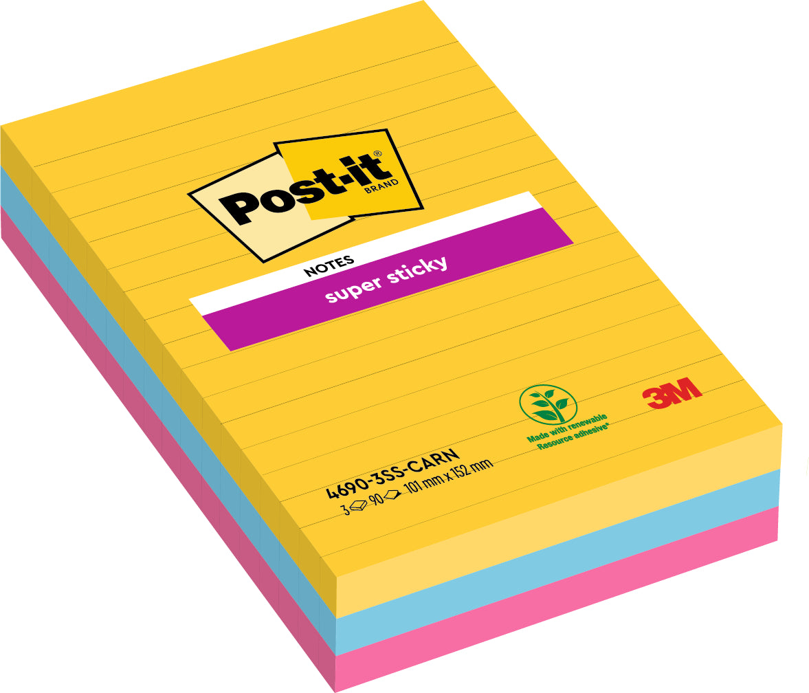 Post-it Super Sticky Carnival Haftnotizen – 101 × 152 mm – sortiert, liniert, 90 Blatt/Block, 3er-Pack