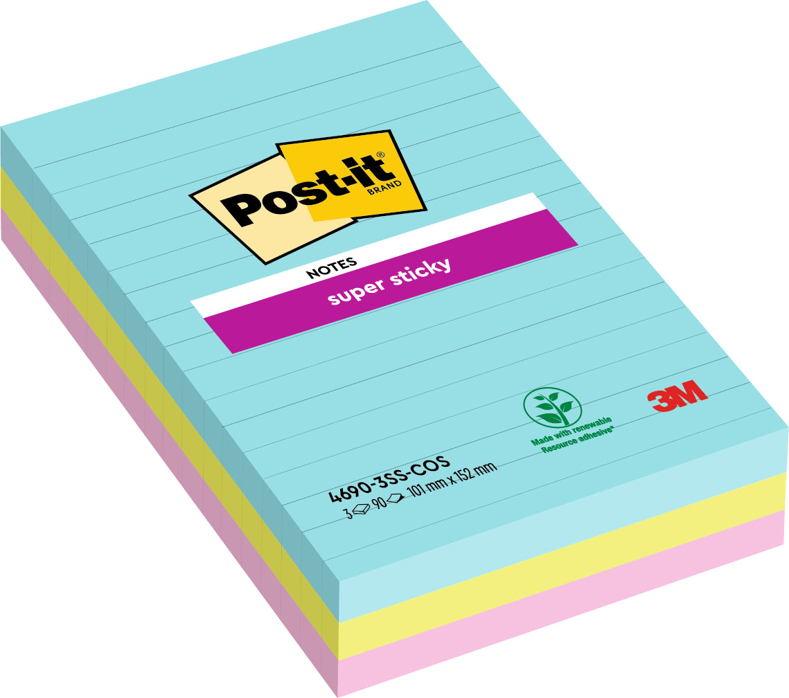 Post-it Haftnotizen – 101 × 152 mm – sortiert, liniert, Super Sticky, 90 Blatt/Block, 3er-Pack