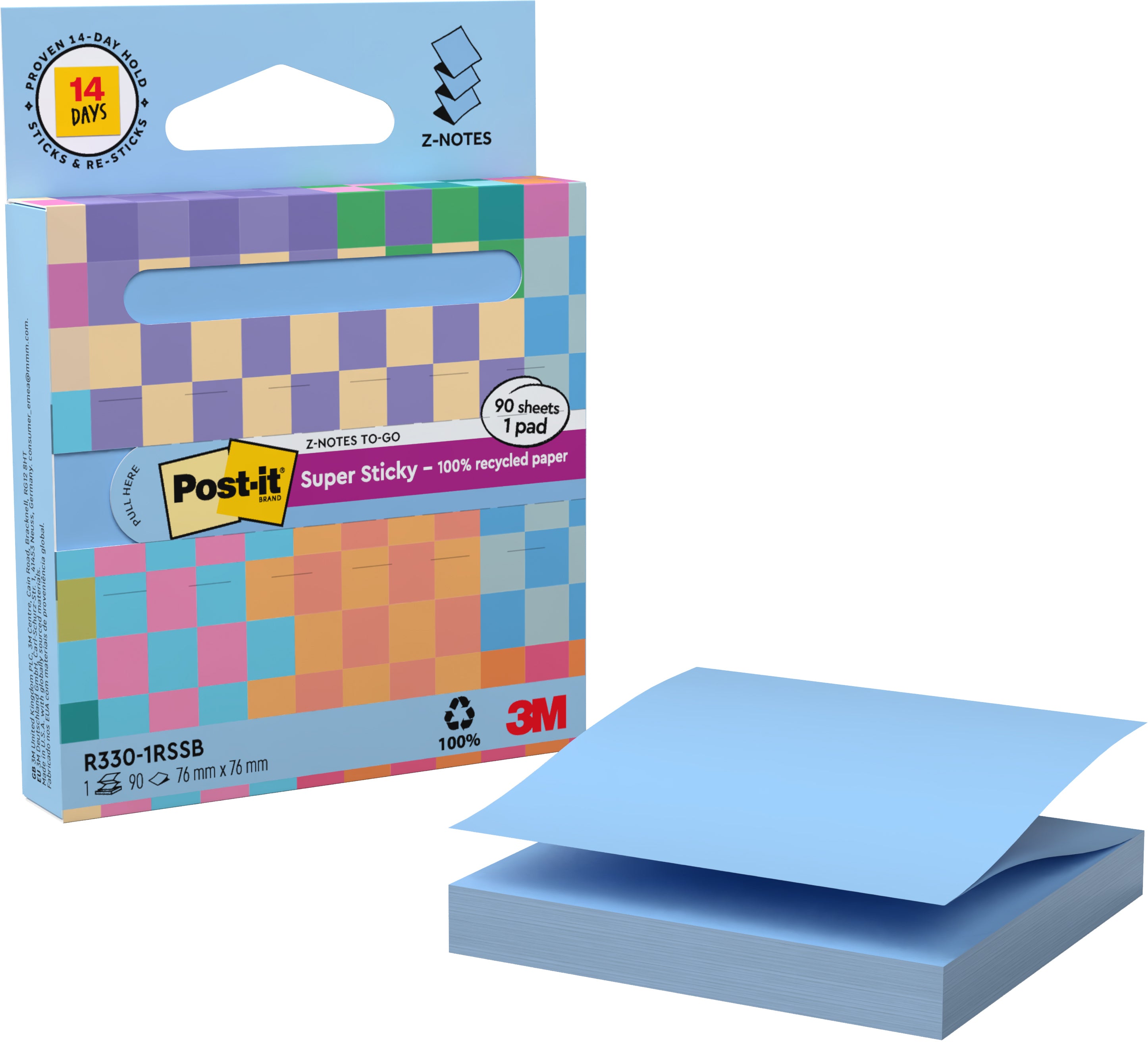 Post-it Super Sticky Z-Notes Haftnotizen – 76 × 76 mm – pastellblau, Z-Faltung, 90 Blatt, PEFC, 100% Recycling