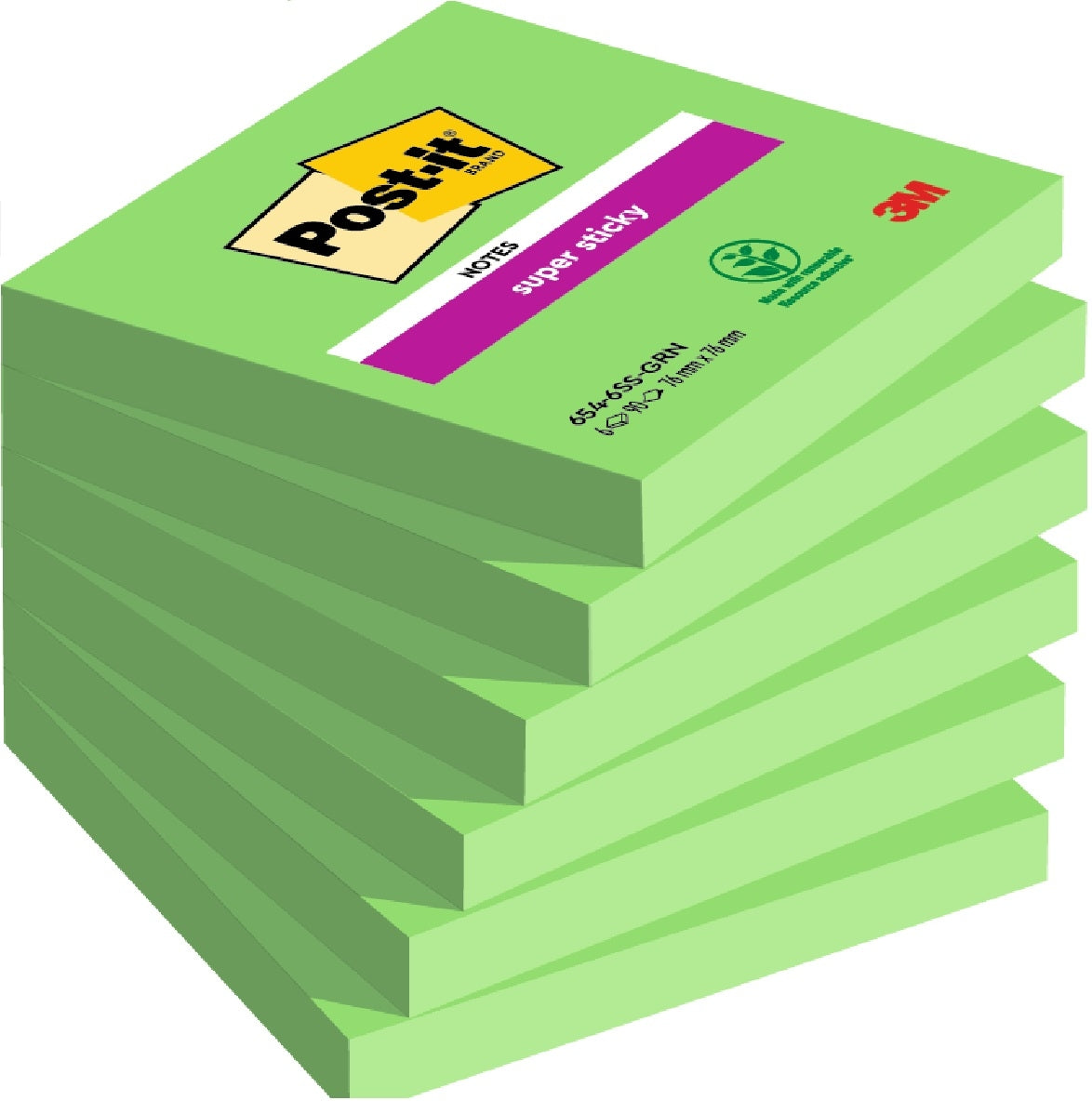 Post-it Super Sticky Haftnotizen – 76 × 76 mm – grün, 90 Blatt/Block, 6er-Pack