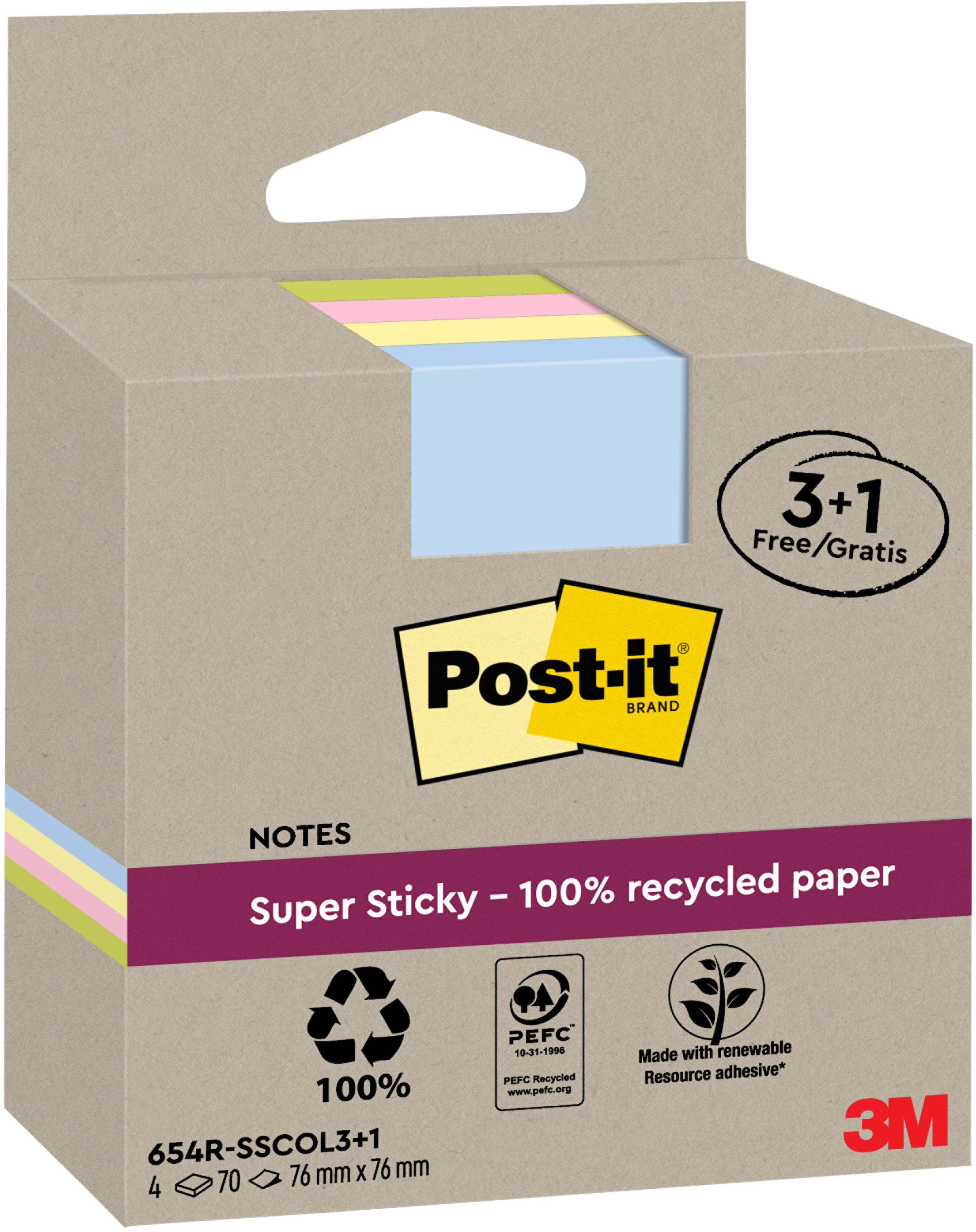 Post-it Super Sticky Haftnotizen – 76 × 76 mm – sortiert, 70 Blatt/Block, 4er-Pack, PEFC, 100% recycelt