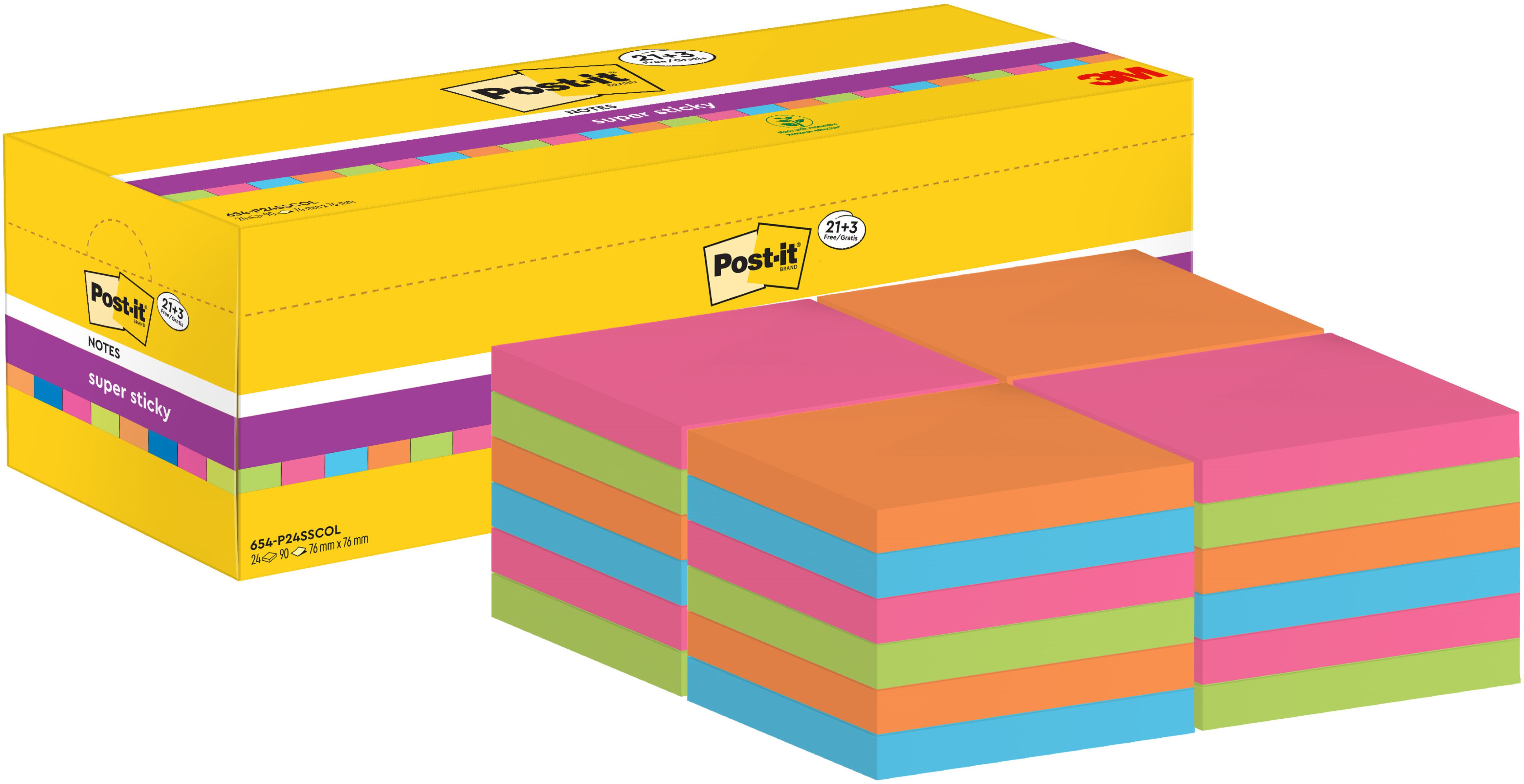 Post-it Super Sticky Haftnotizen – 87 × 87 mm – sortiert, 90 Blatt/Block, 24er-Pack, PEFC