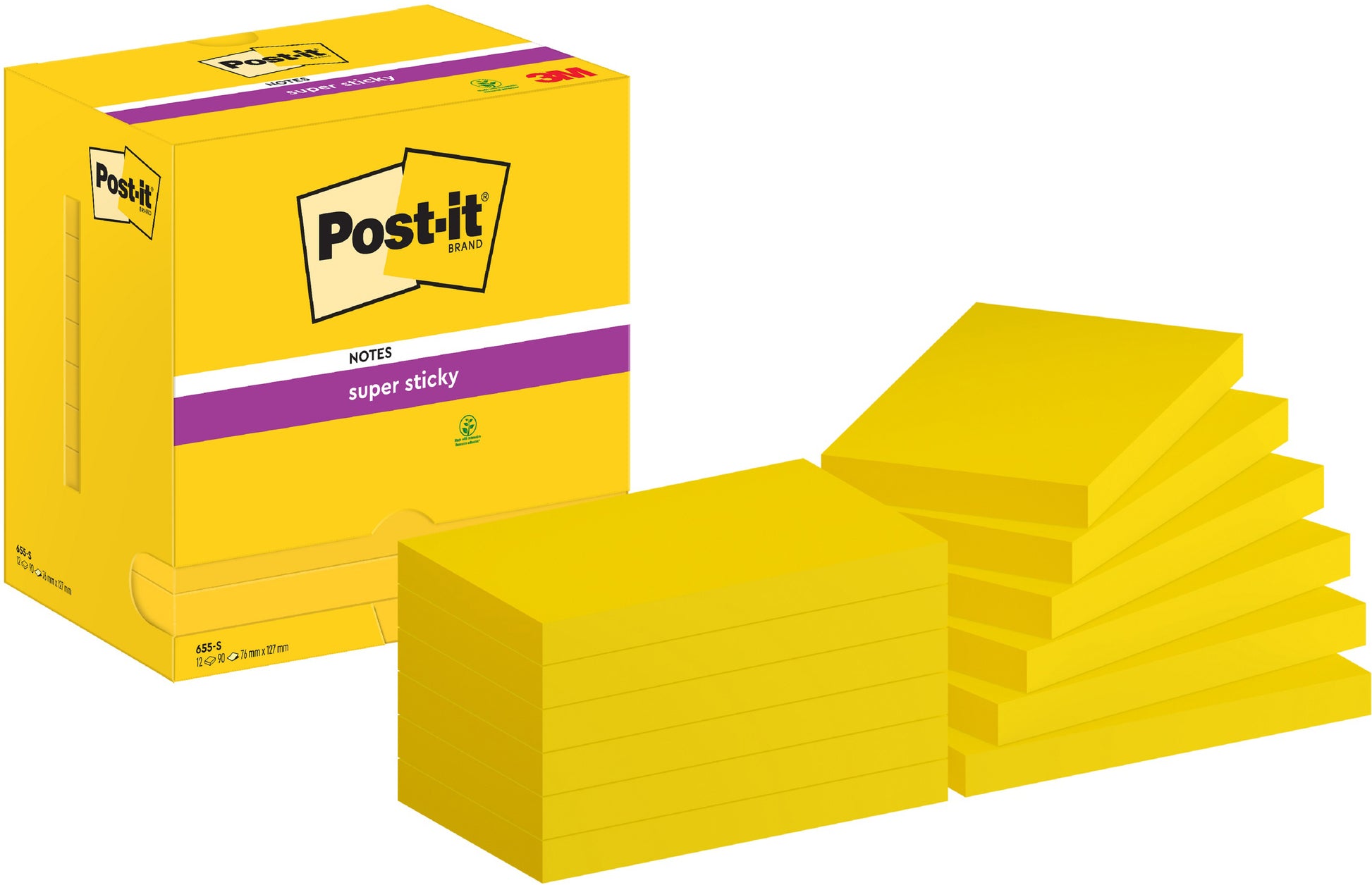Post-it Haftnotizen – 127 × 76 mm – gelb, Super Sticky, 90 Blatt/Block, 12er-Pack