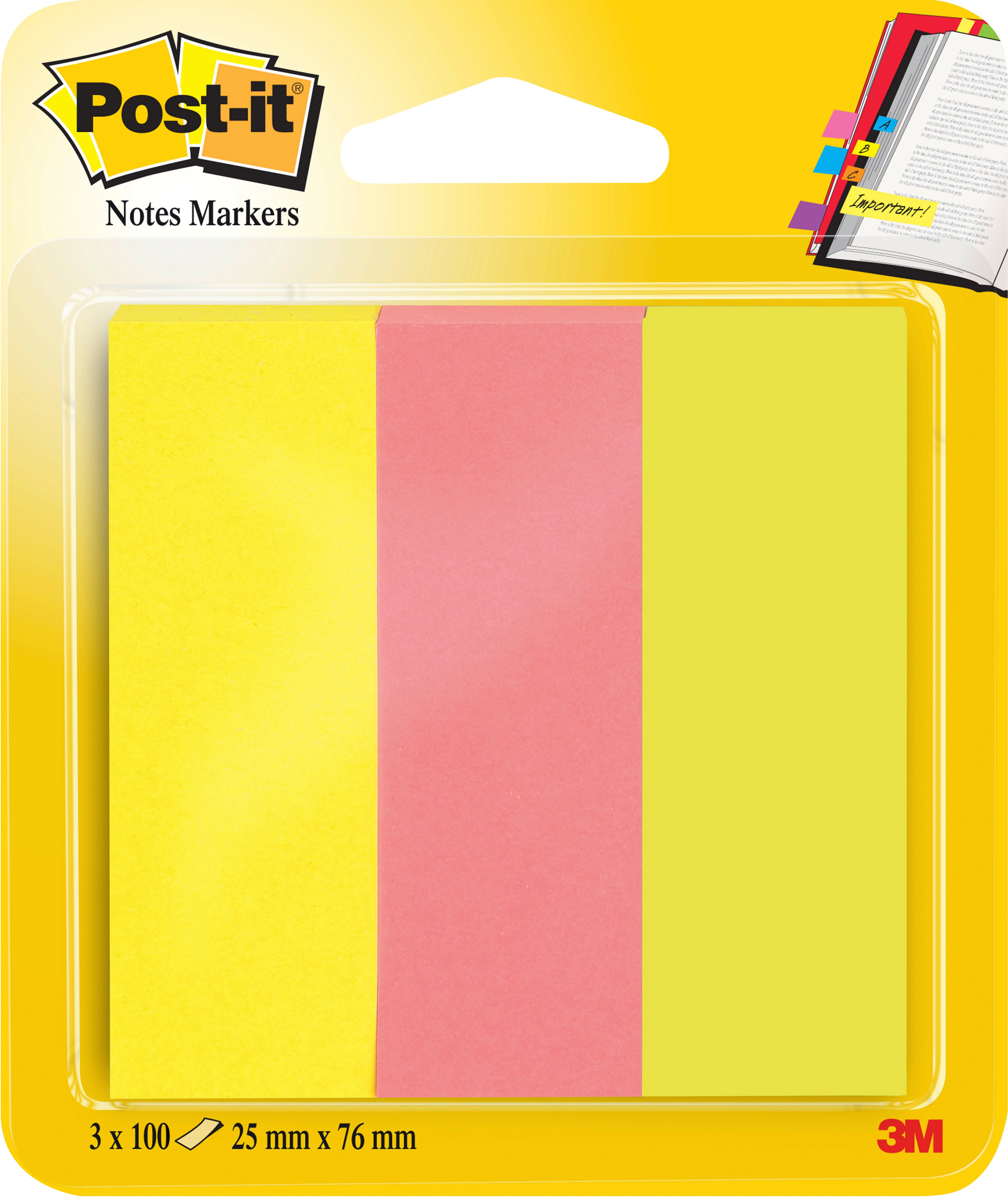 Post-it Markierstreifen/Index – 25 × 76 mm – sortiert (gelb, pink, grün), 100 Blatt/Block, 3er-Pack