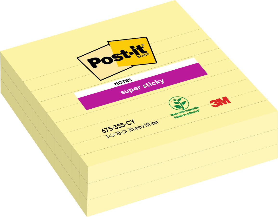 Post-it Super Sticky Haftnotizen – 101 × 101 mm, liniert, 70 Blatt/Block, 3er-Pack