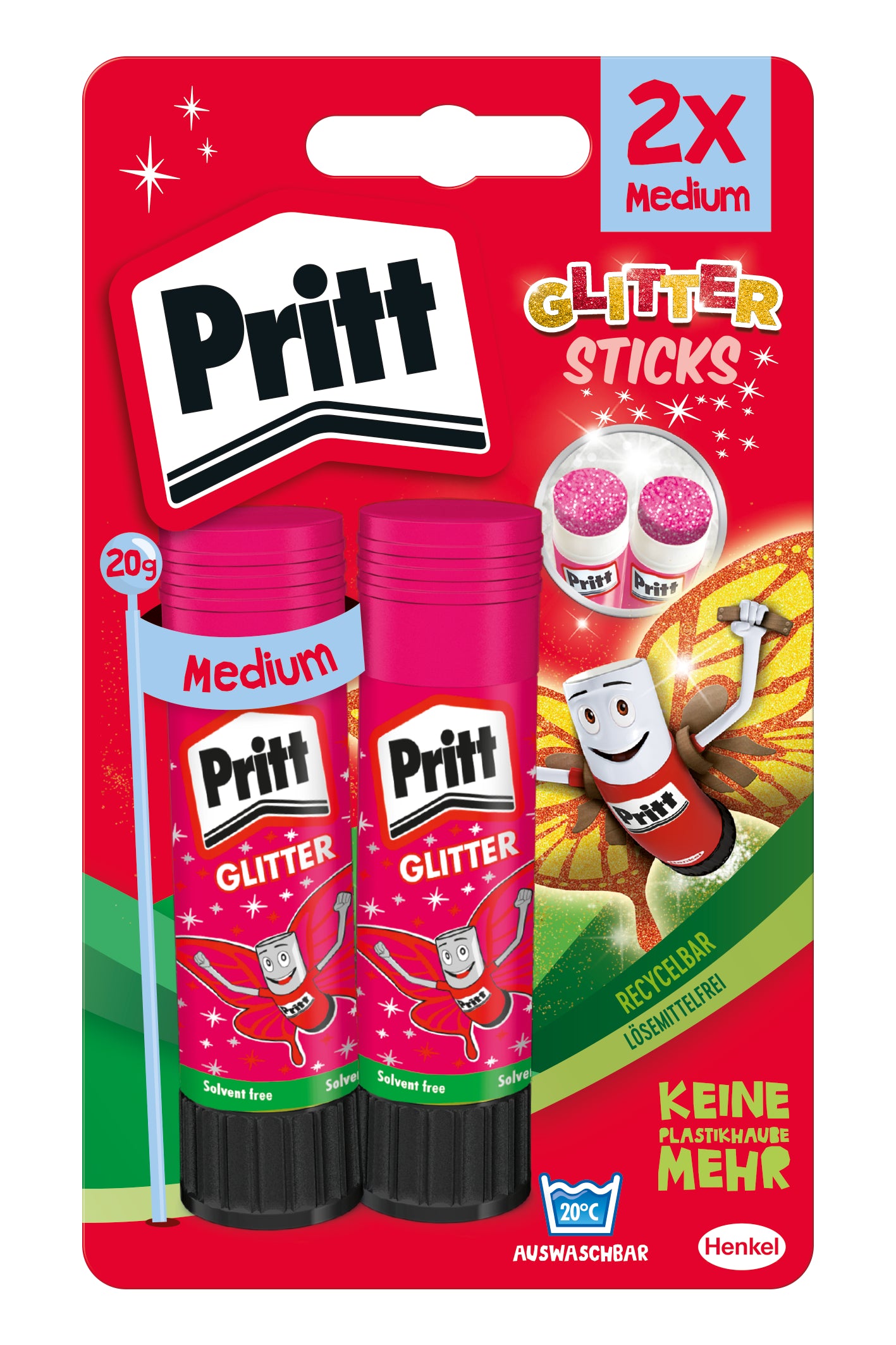 Pritt Glitzerkleber – Pink, 2 × 20 g, für Papier, Pappe, Filz u. a.