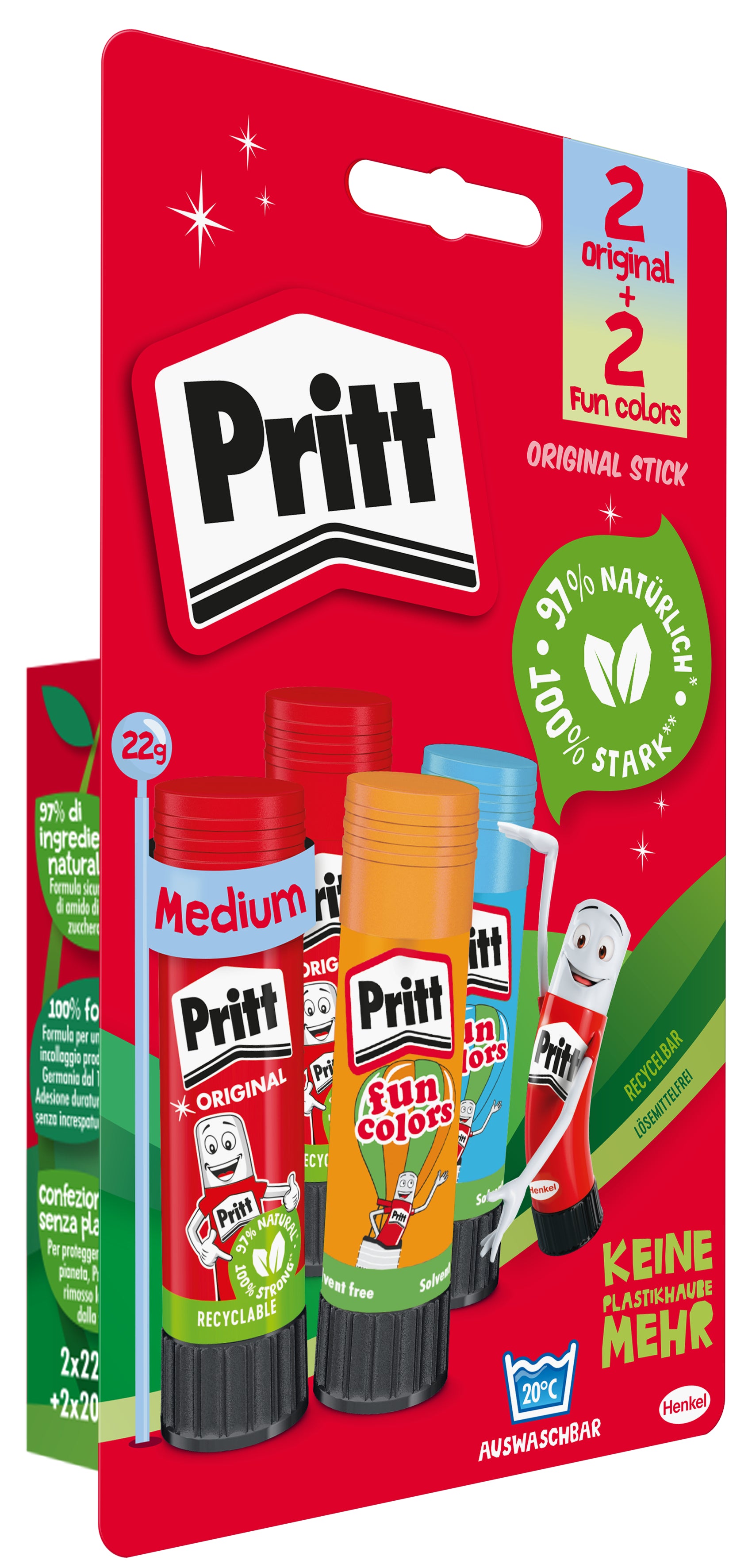 Pritt Klebestift Fun Colors – Blau, Orange, 2 × 22 g, 2 × 20 g