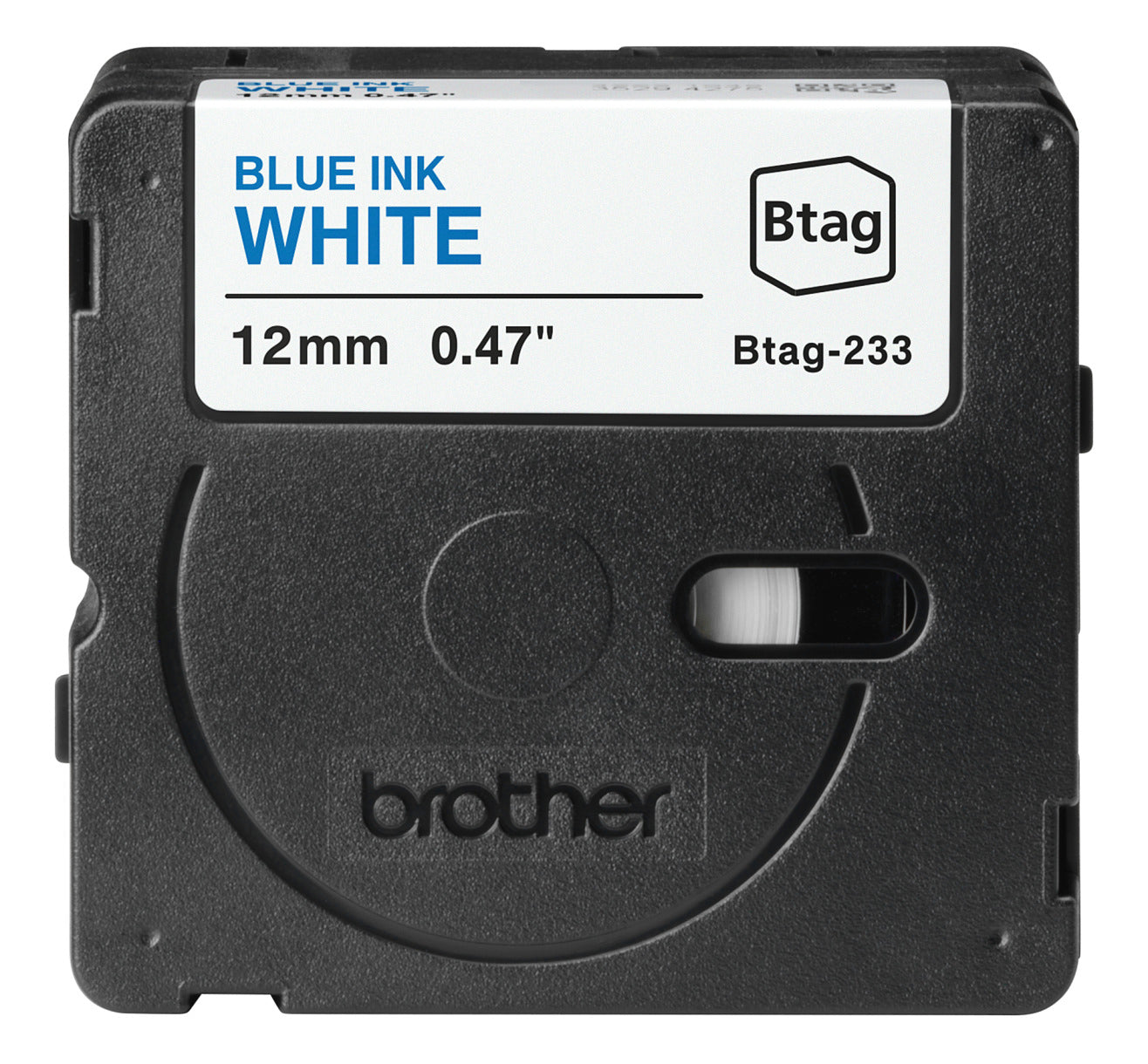 Ptouch Brother BTAG-233 Schriftband – weiss auf blau – 12 mm × 4 m, nicht laminiert – für Brother PT-N10/N20/N25BT