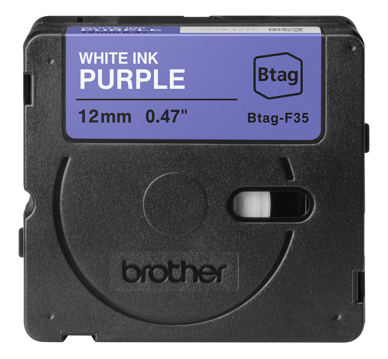 Ptouch Brother BTAG-F35 Schriftband – weiss auf lila – 12 mm × 4 m, nicht laminiert – für PT‑N10/N20/N25BT