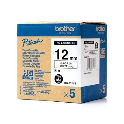 Ptouch Brother HGE-231 Schriftband – Schwarz auf Weiss – 12 mm × 8 m – für Brother P-touch – 5er-Pack