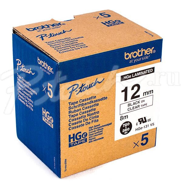Ptouch Brother HGe-131 Schriftband – Schwarz auf Transparent – 12 mm × 8 m – für Brother P-touch, 5er-Pack