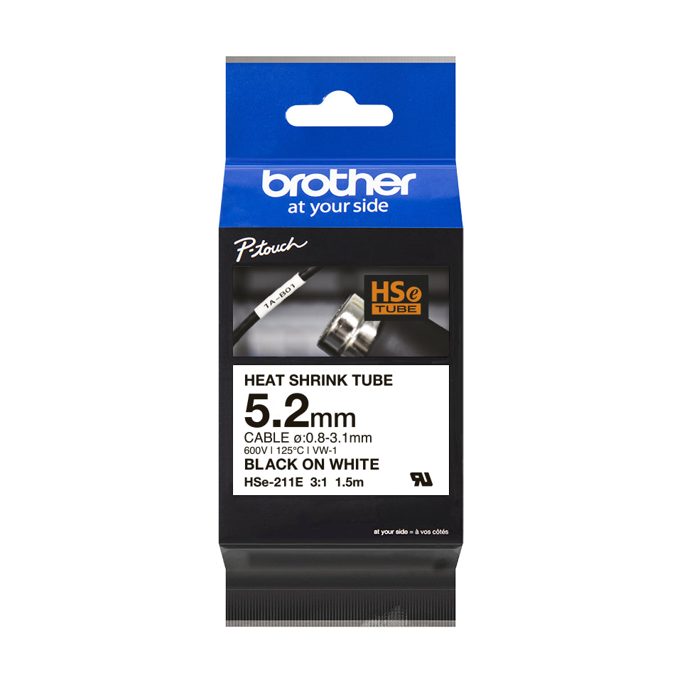 Ptouch Brother HSe-211E Schrumpfschlauch – schwarz auf weiss – Ø 5,2 mm – für Brother PT-E300/E550W