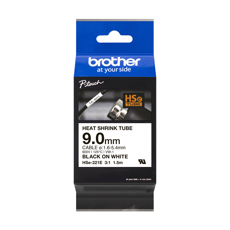Ptouch Brother HSe-221E Schrumpfschlauch – schwarz auf weiss – Ø 9 mm – für Brother PT-E300/E550W