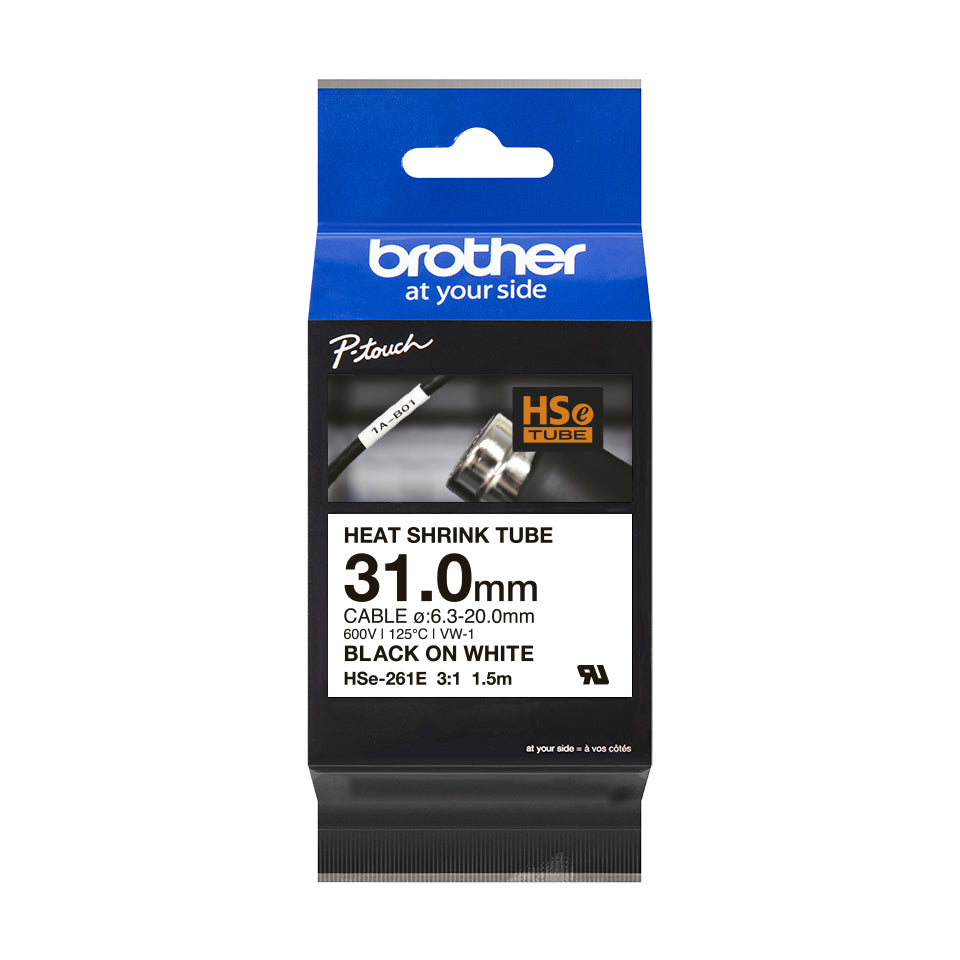 Ptouch Brother HSe-261E Schrumpfschlauch – schwarz auf weiss – Ø 31 mm, nicht klebend – für Brother PT-E300/E550W