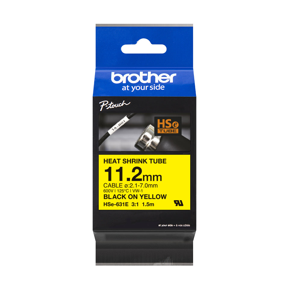 Ptouch Brother HSe-631E Schrumpfschlauch – Schwarz auf Gelb – Ø 11,2 mm, Polyolefin – für Brother PT-E300/E550W