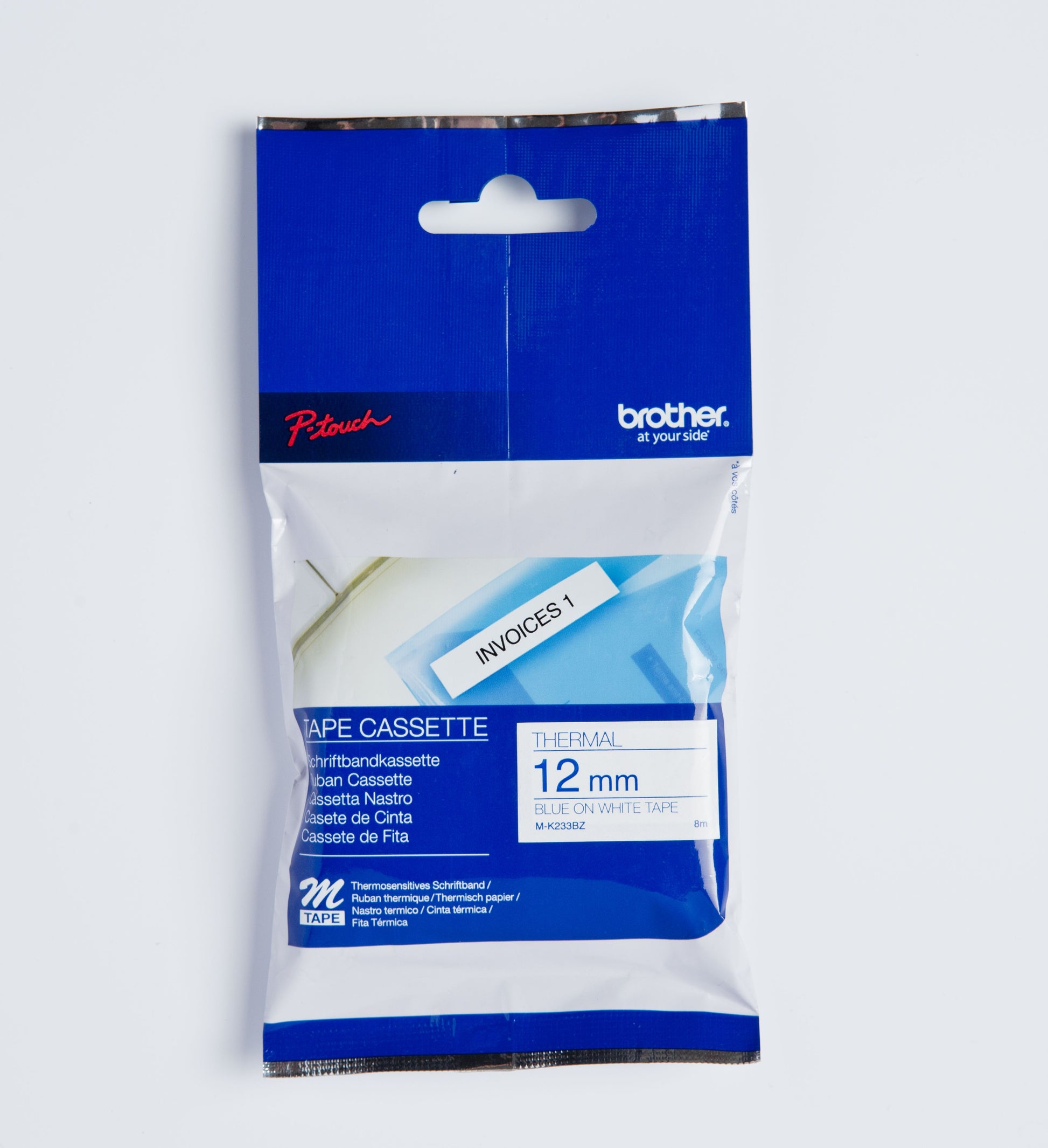 Ptouch Brother M-K233BZ Schriftband – Blau auf Weiss – 12 mm × 8 m, nicht laminiert – für Brother P-touch