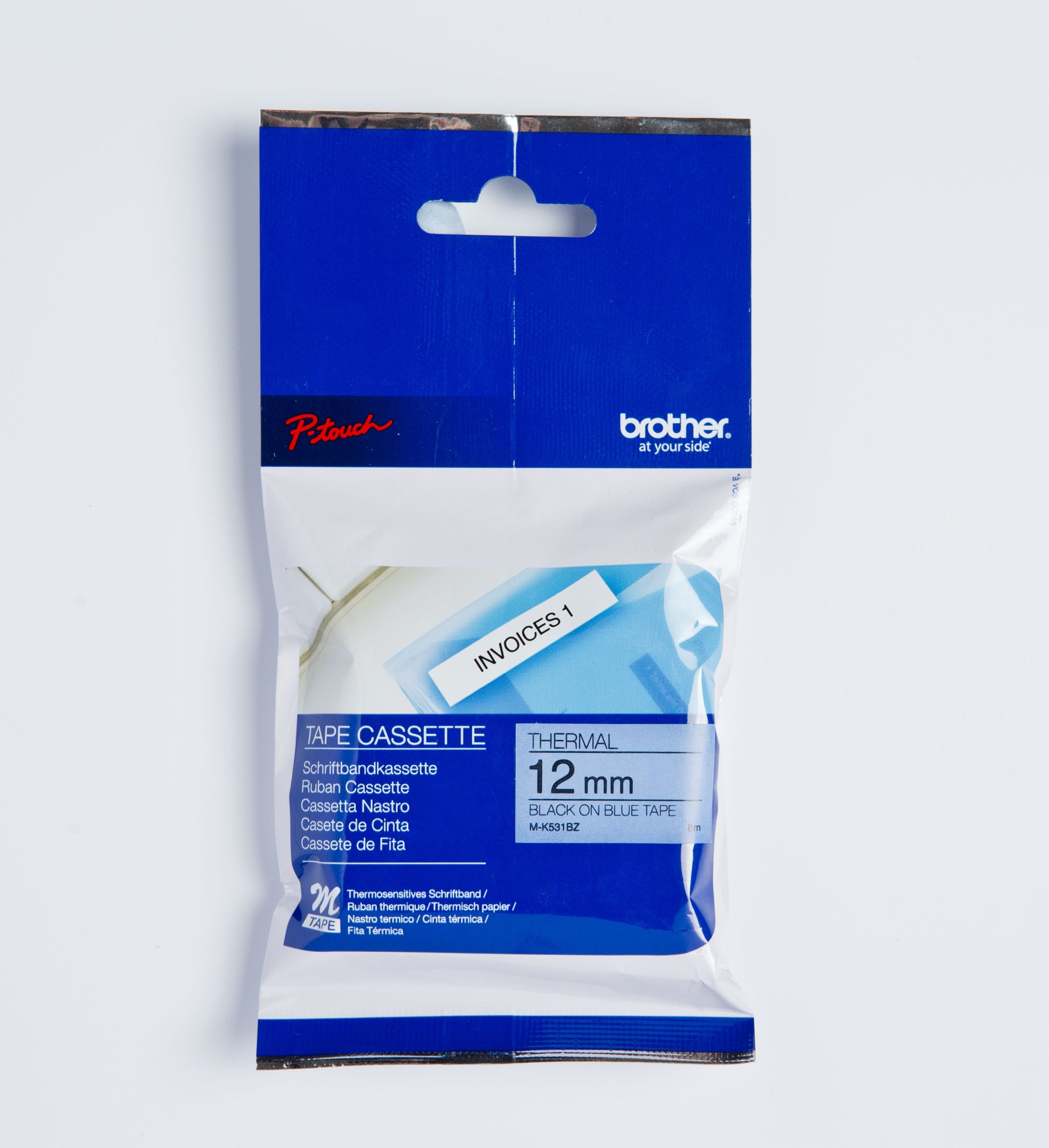 Ptouch Brother M-K531BZ Schriftband – Schwarz auf Blau – 12 mm × 8 m, nicht laminiert – für Brother P-touch