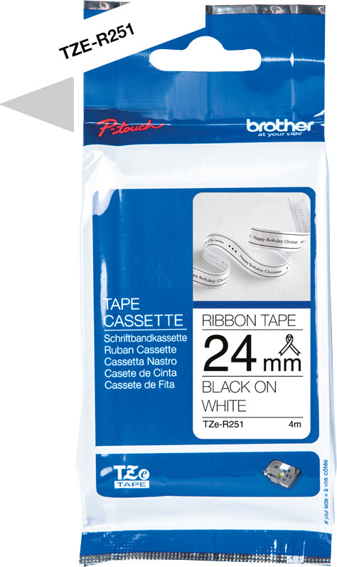 Ptouch Brother TZe-R251 Textil-/Satinband – schwarz auf weiss – 24 mm × 4 m – für Brother P-touch