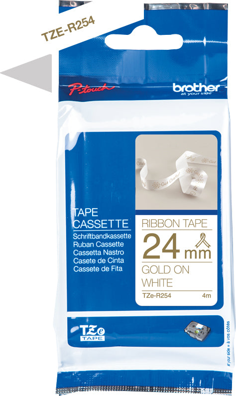 Ptouch TZe-R254 Textil-/Satinband – gold auf weiss – 24 mm × 4 m – für Brother P-touch
