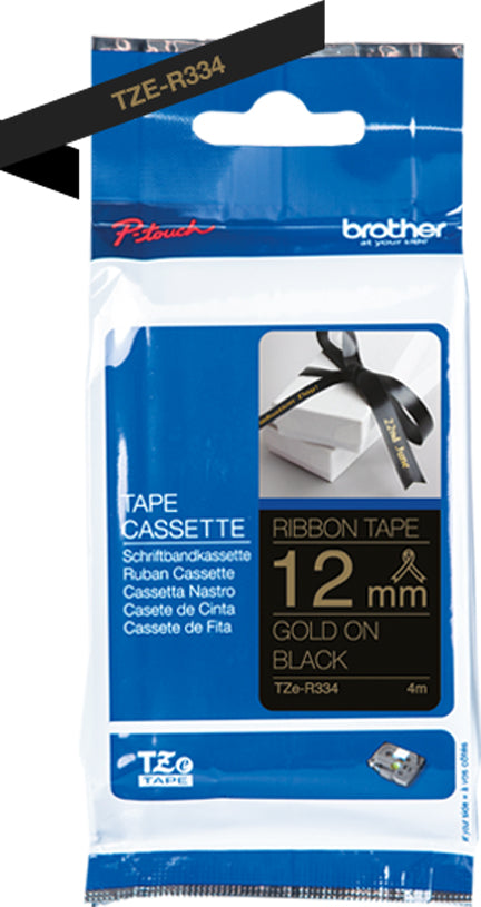 Ptouch Brother TZe-R334 Textil-/Satinband – schwarz auf gold – 12–36 mm × 4 m, Satin – für Brother P-touch