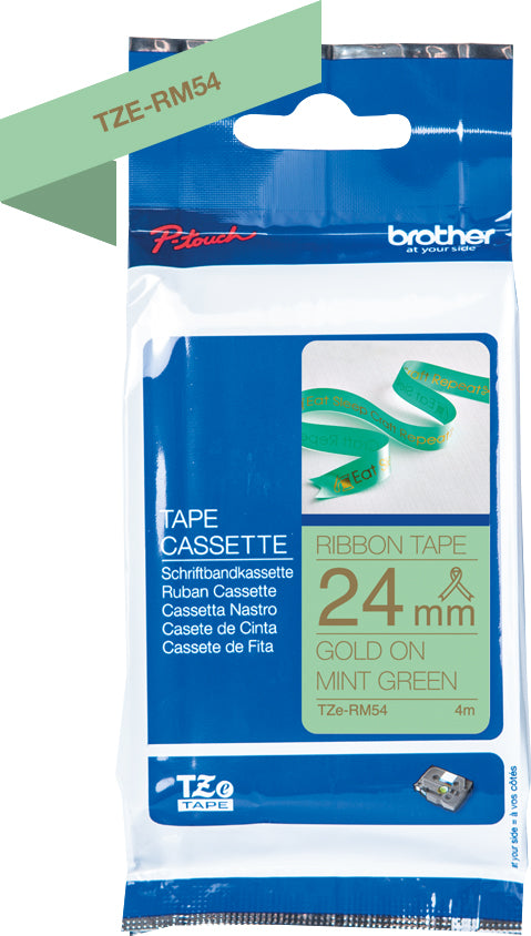 Ptouch Brother TZe-RM54 Textil-/Satinband (nicht klebend) – gold auf mintgrün – 29 mm × 4 m – für Brother P-touch
