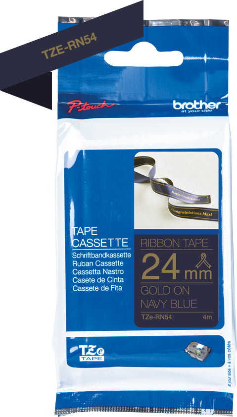 Ptouch Brother TZe-RN54 Textil-/Satinband – gold auf dunkelblau – 24 mm × 4 m – für Brother P-touch